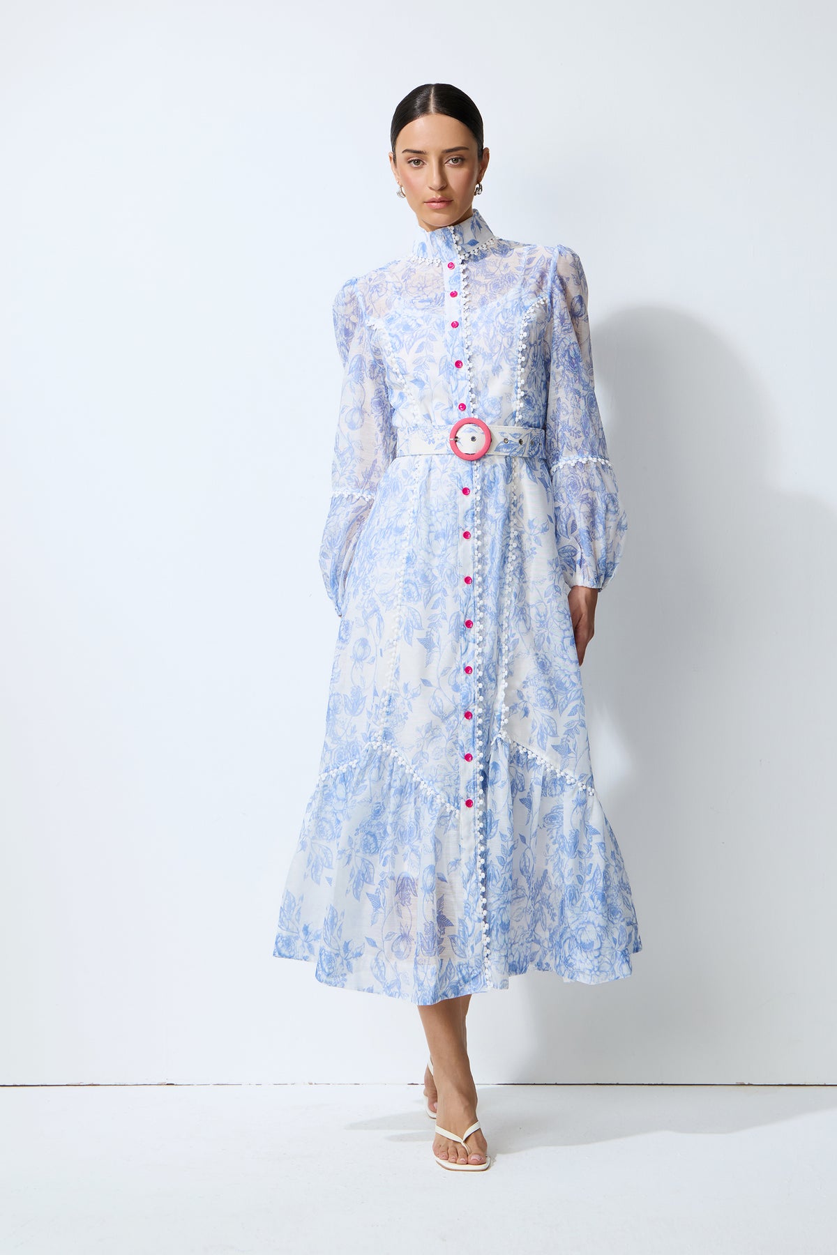 Soft Dream Hours Blue Floral Print Balloon Sleeve Midi Dress