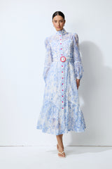 Soft Dream Hours Blue Floral Print Balloon Sleeve Midi Dress