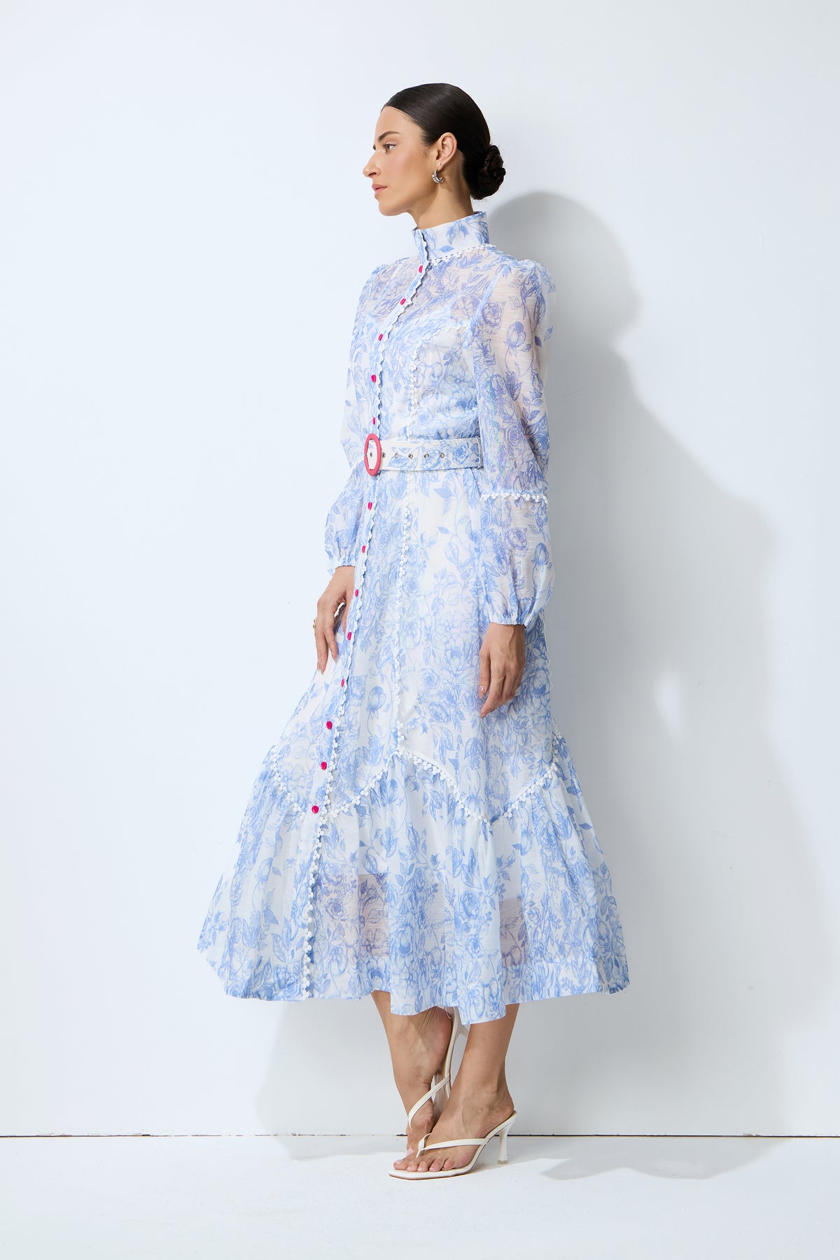 Soft Dream Hours Blue Floral Print Balloon Sleeve Midi Dress