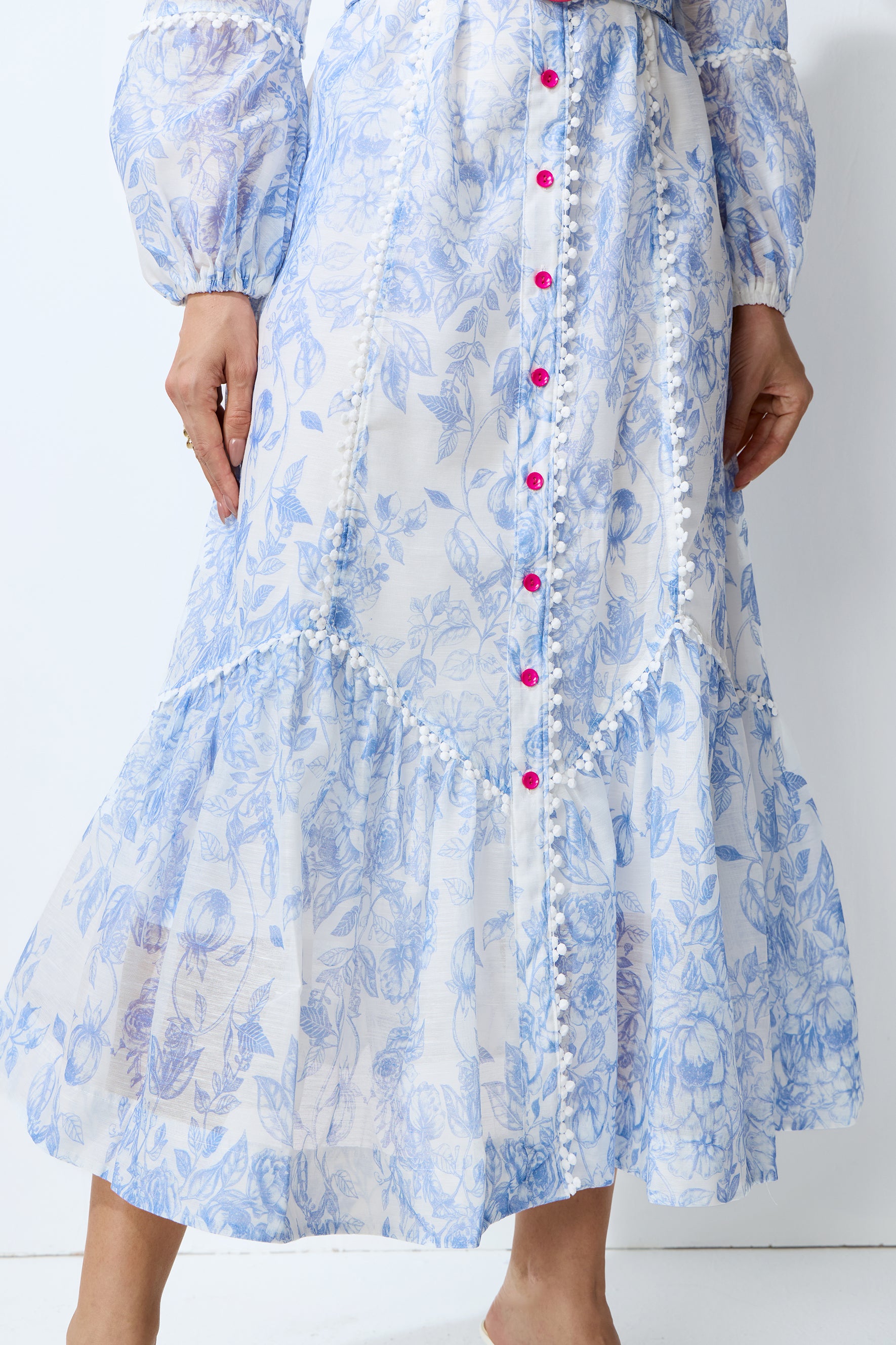 Soft Dream Hours Blue Floral Print Balloon Sleeve Midi Dress