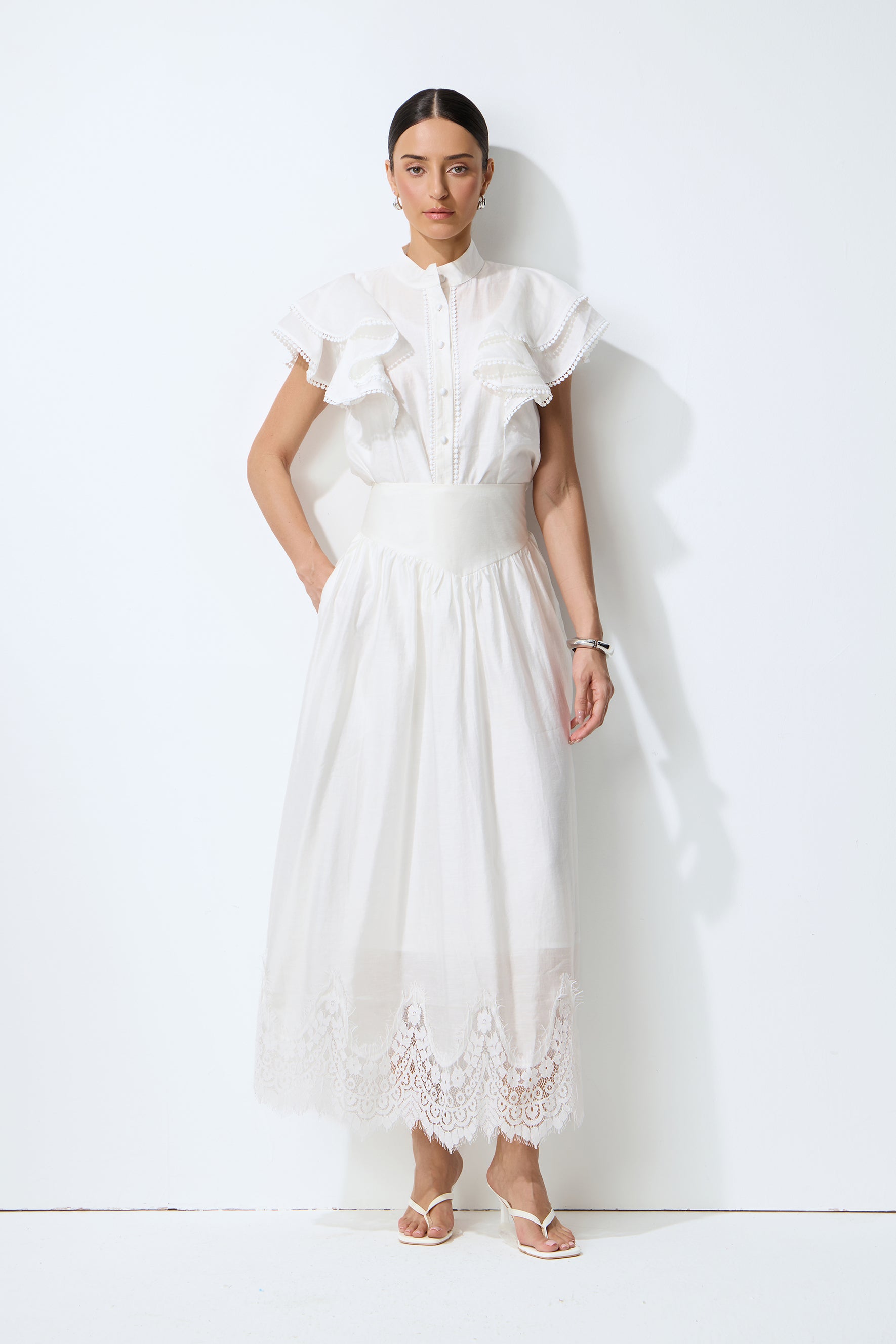 Made For Moments White Lace Hem Ruffled Sleeve Top & Skirt Set