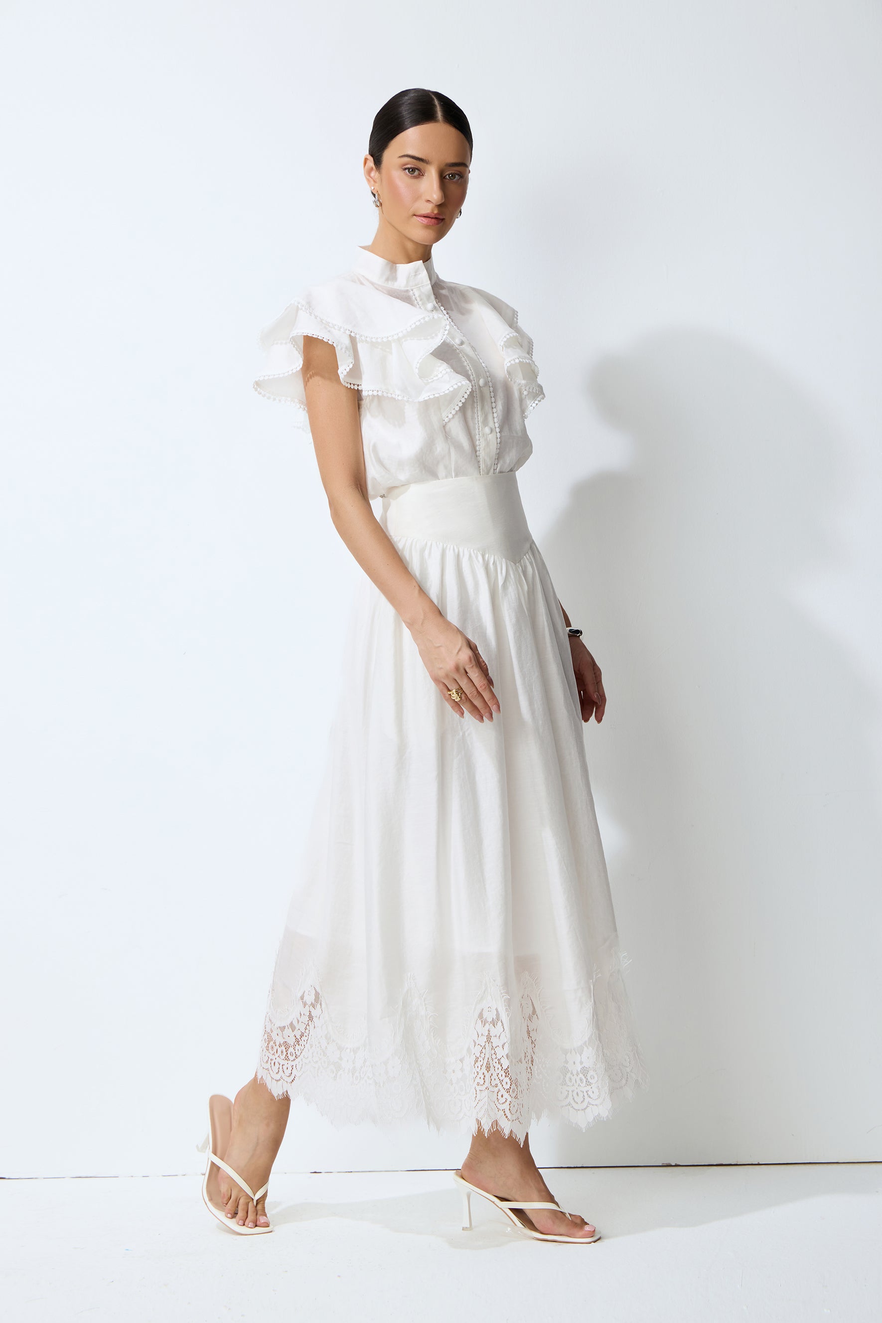 Made For Moments White Lace Hem Ruffled Sleeve Top & Skirt Set
