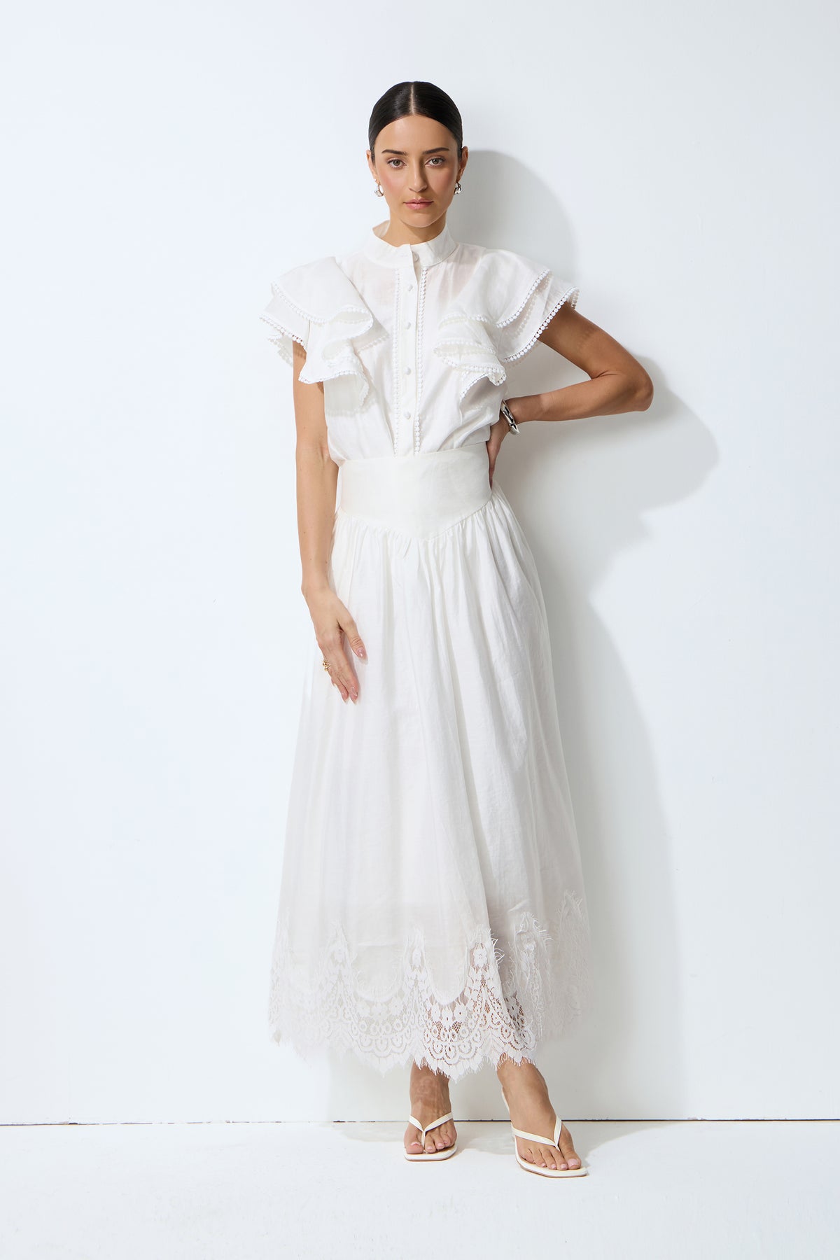 Made For Moments White Lace Hem Ruffled Sleeve Top & Skirt Set