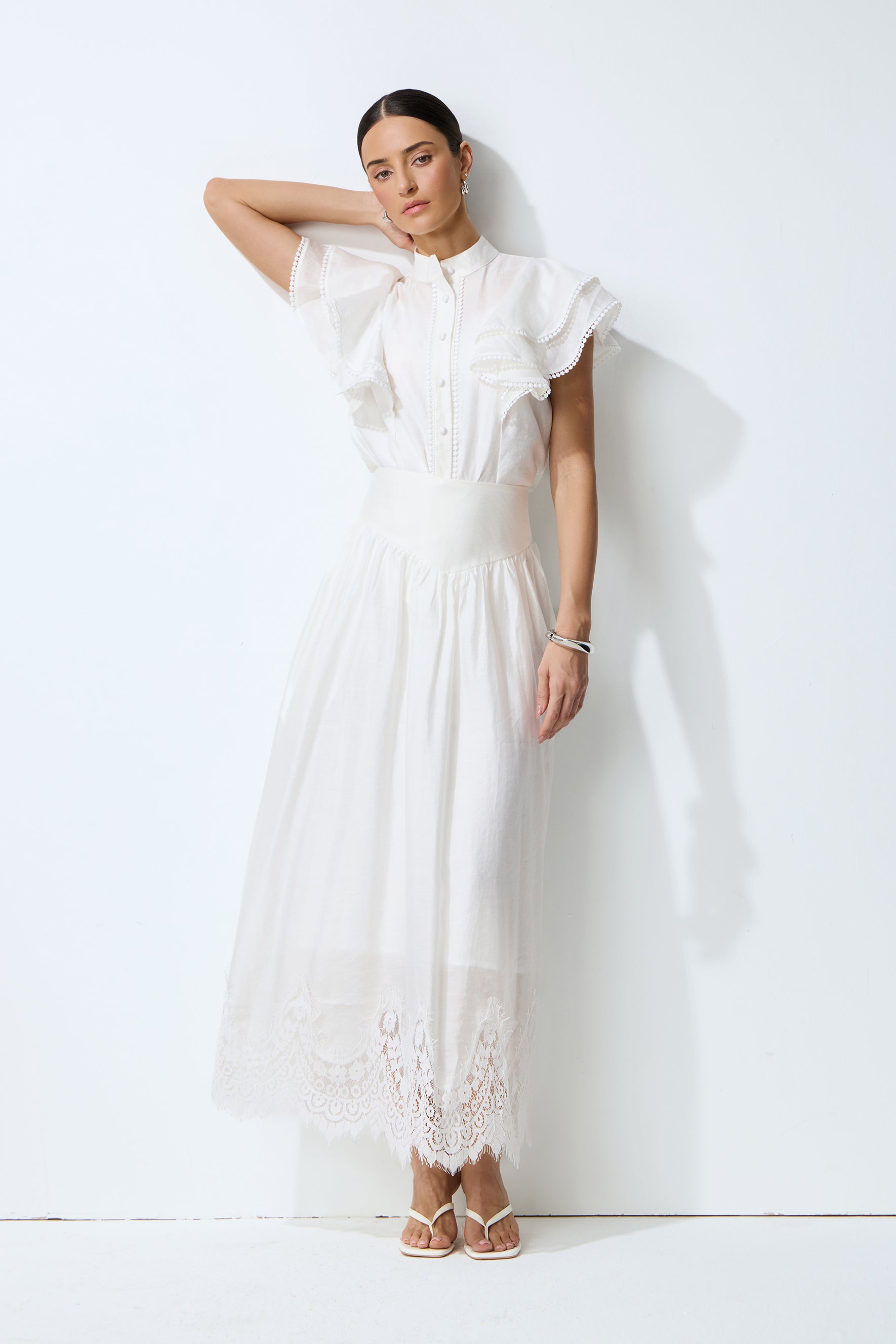 Made For Moments White Lace Hem Ruffled Sleeve Top & Skirt Set