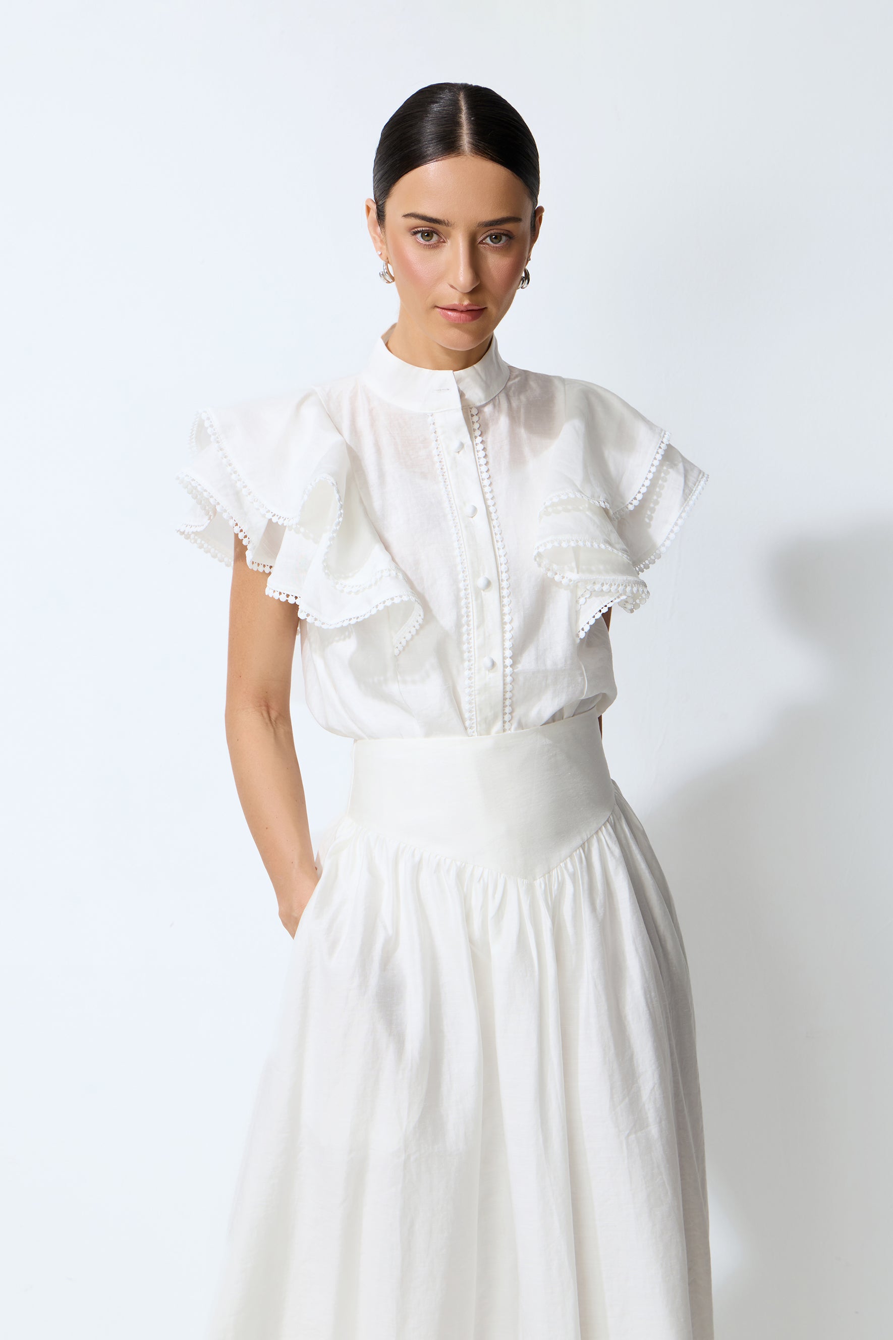 Made For Moments White Lace Hem Ruffled Sleeve Top & Skirt Set