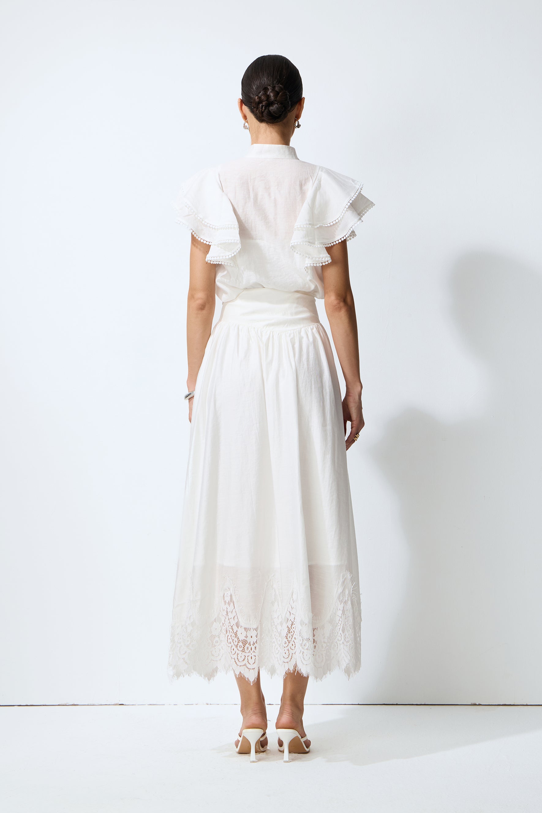 Made For Moments White Lace Hem Ruffled Sleeve Top & Skirt Set