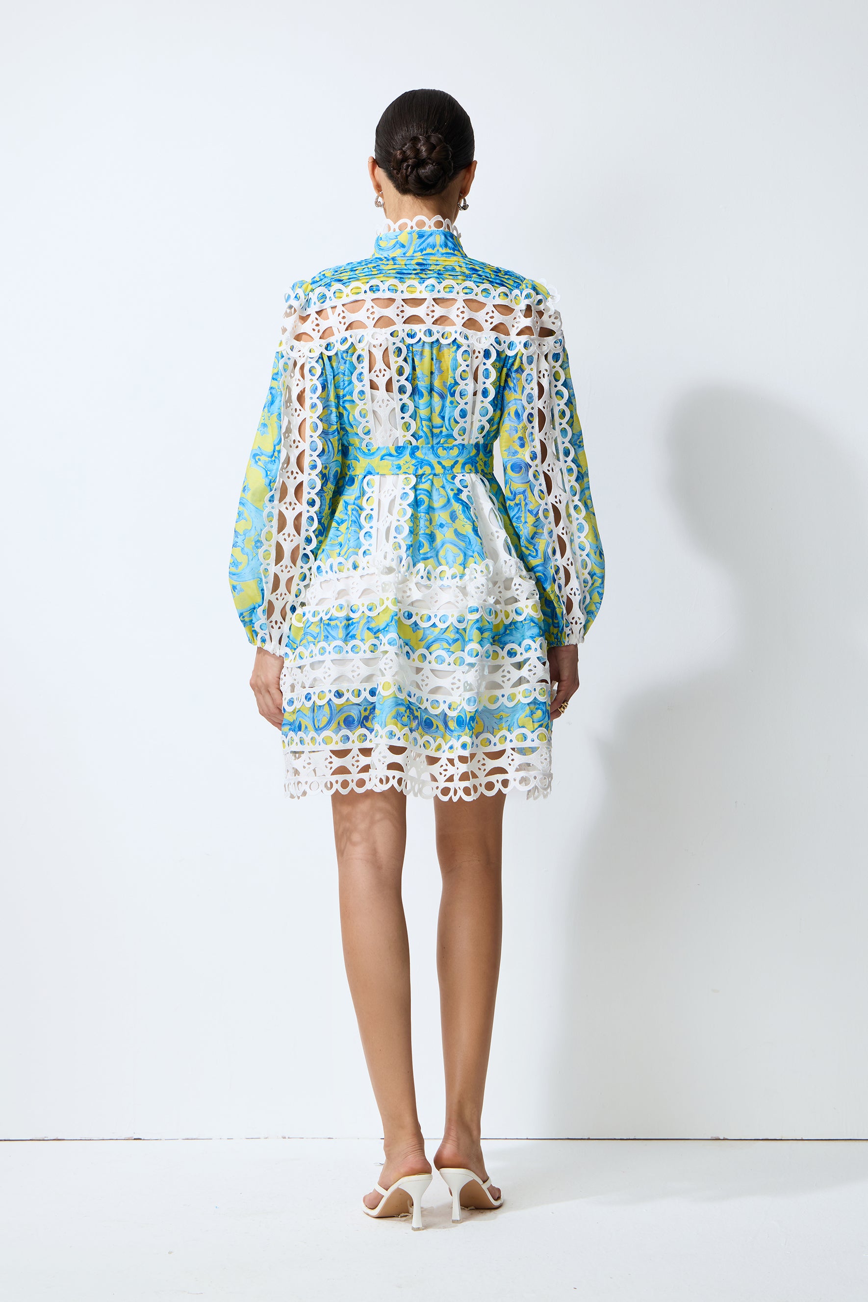 Dreamy Glow Blue Printed Lace Trim Mini Dress
