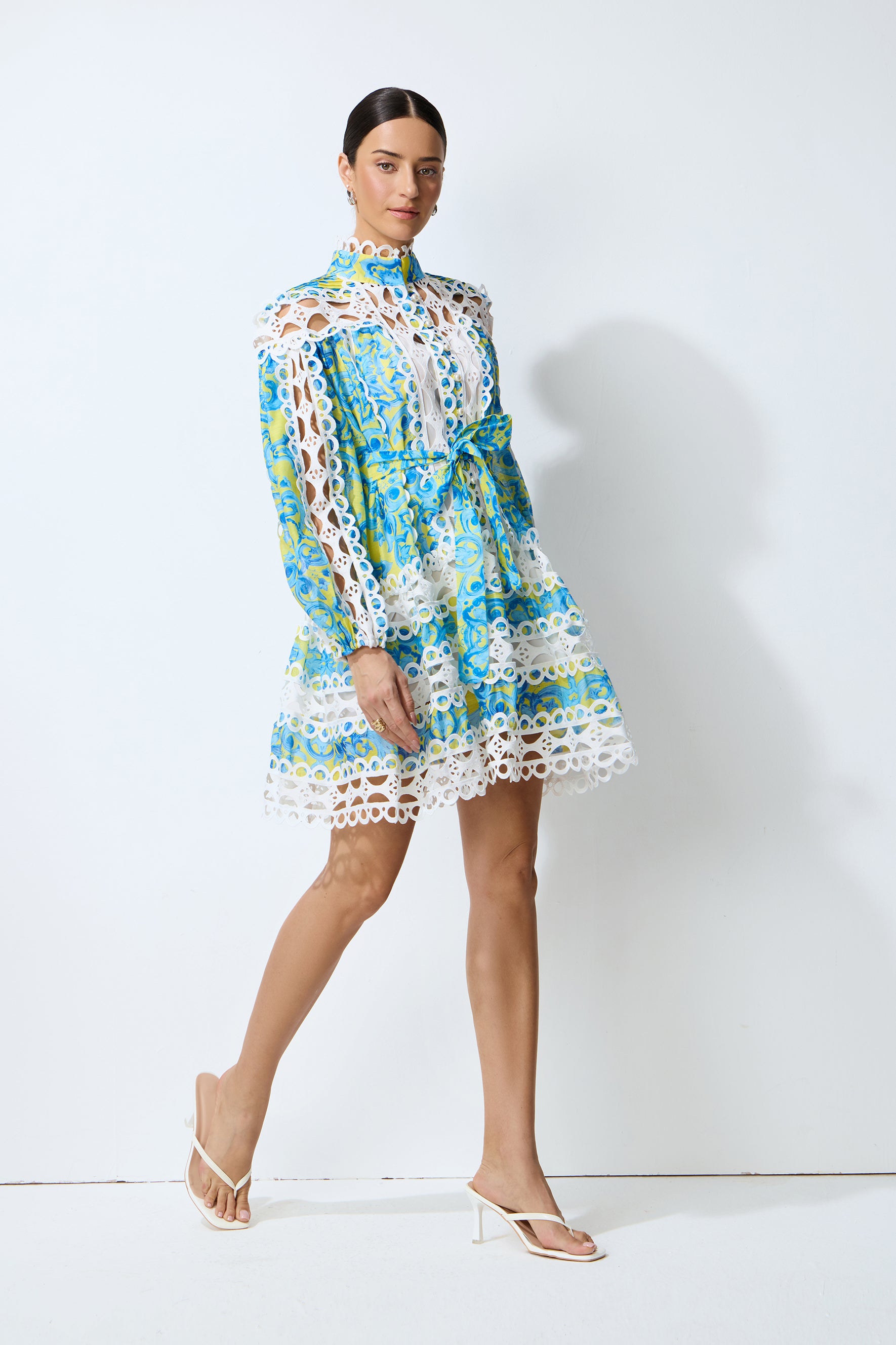 Dreamy Glow Blue Printed Lace Trim Mini Dress