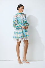 Dreamy Glow Blue Printed Lace Trim Mini Dress