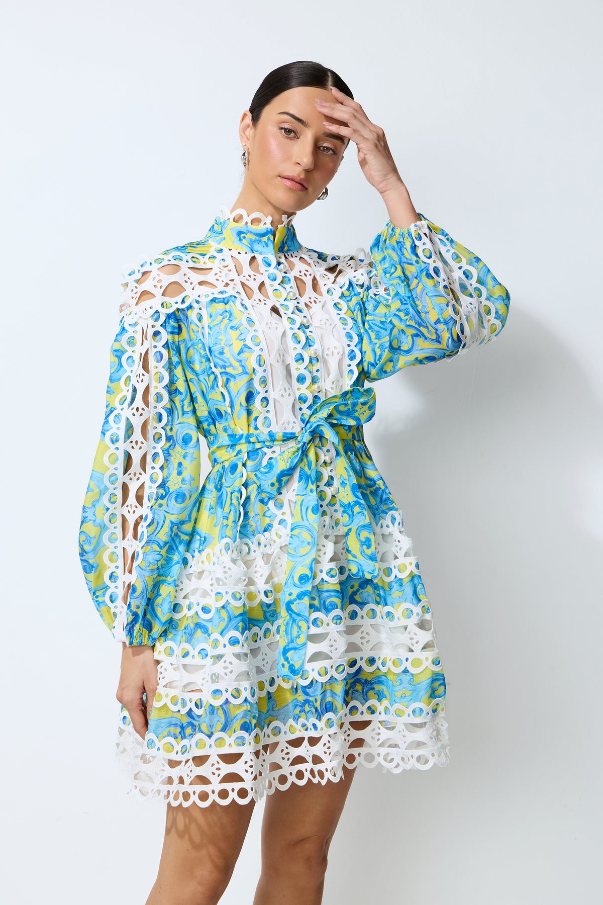 Dreamy Glow Blue Printed Lace Trim Mini Dress