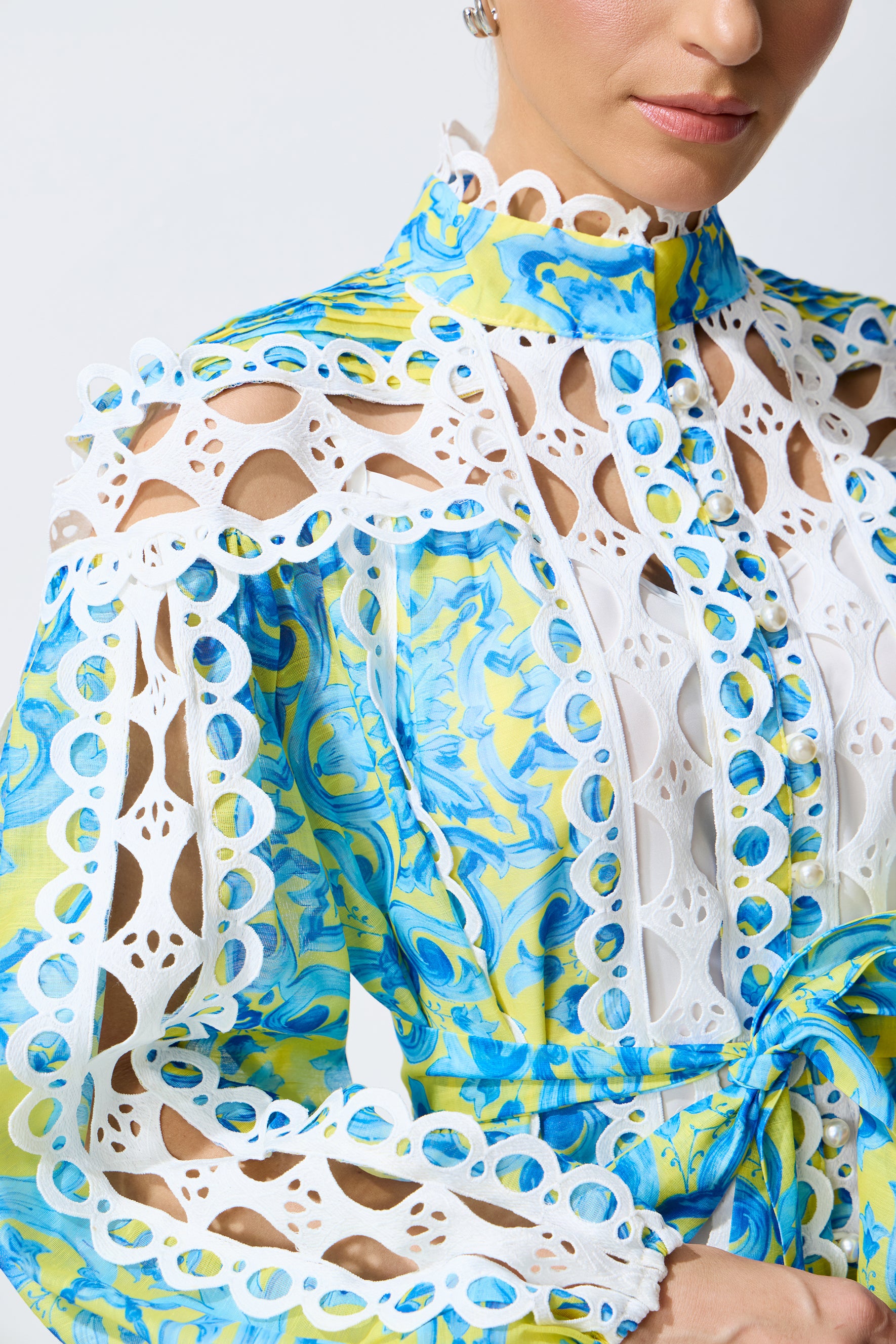 Dreamy Glow Blue Printed Lace Trim Mini Dress