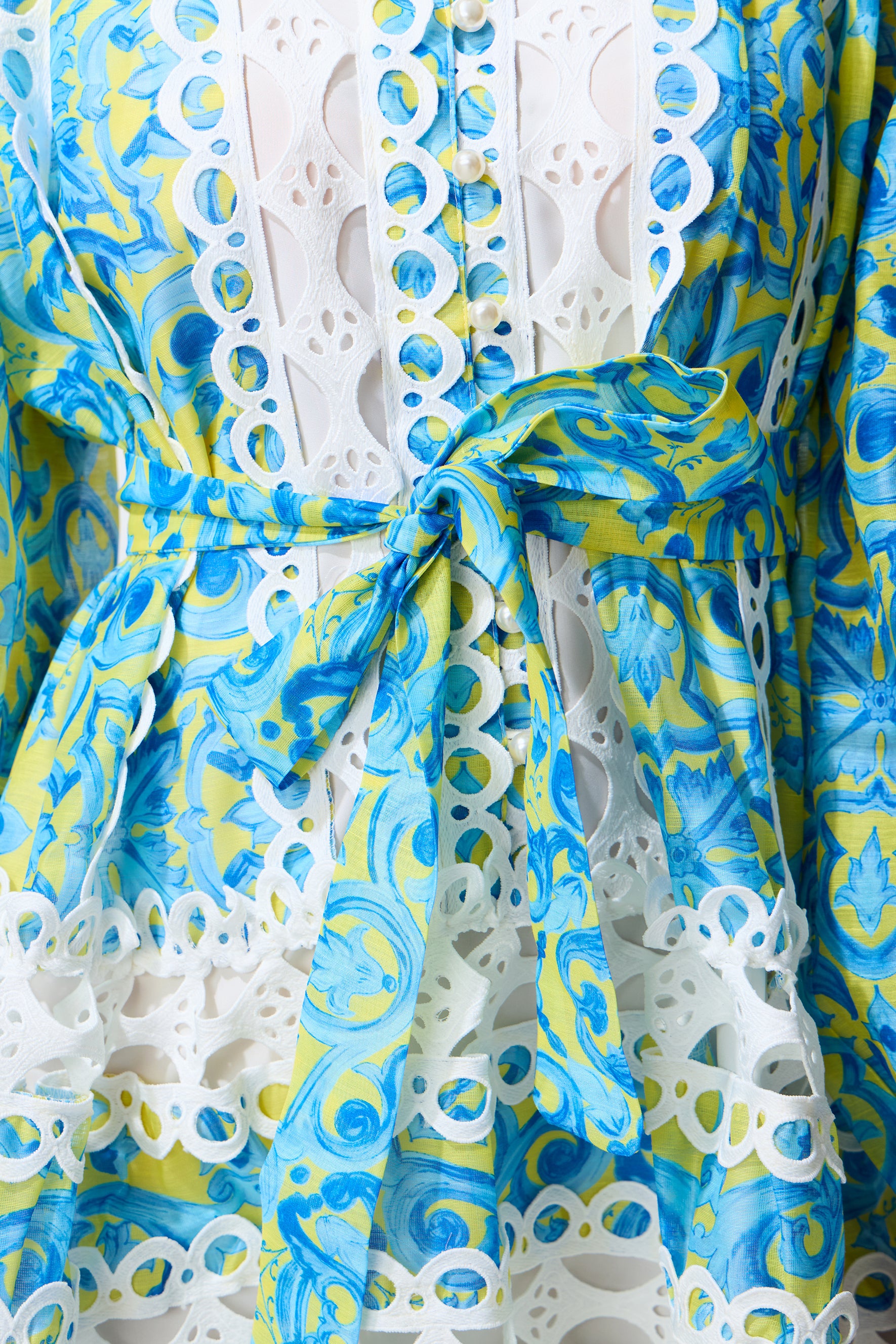 Dreamy Glow Blue Printed Lace Trim Mini Dress