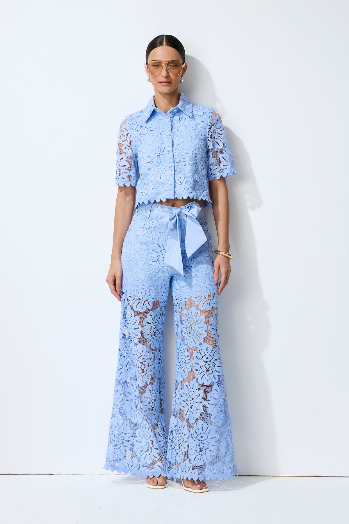 Vacation Mode Blue Floral Lace Cropped Top & Wide Leg Pants Set
