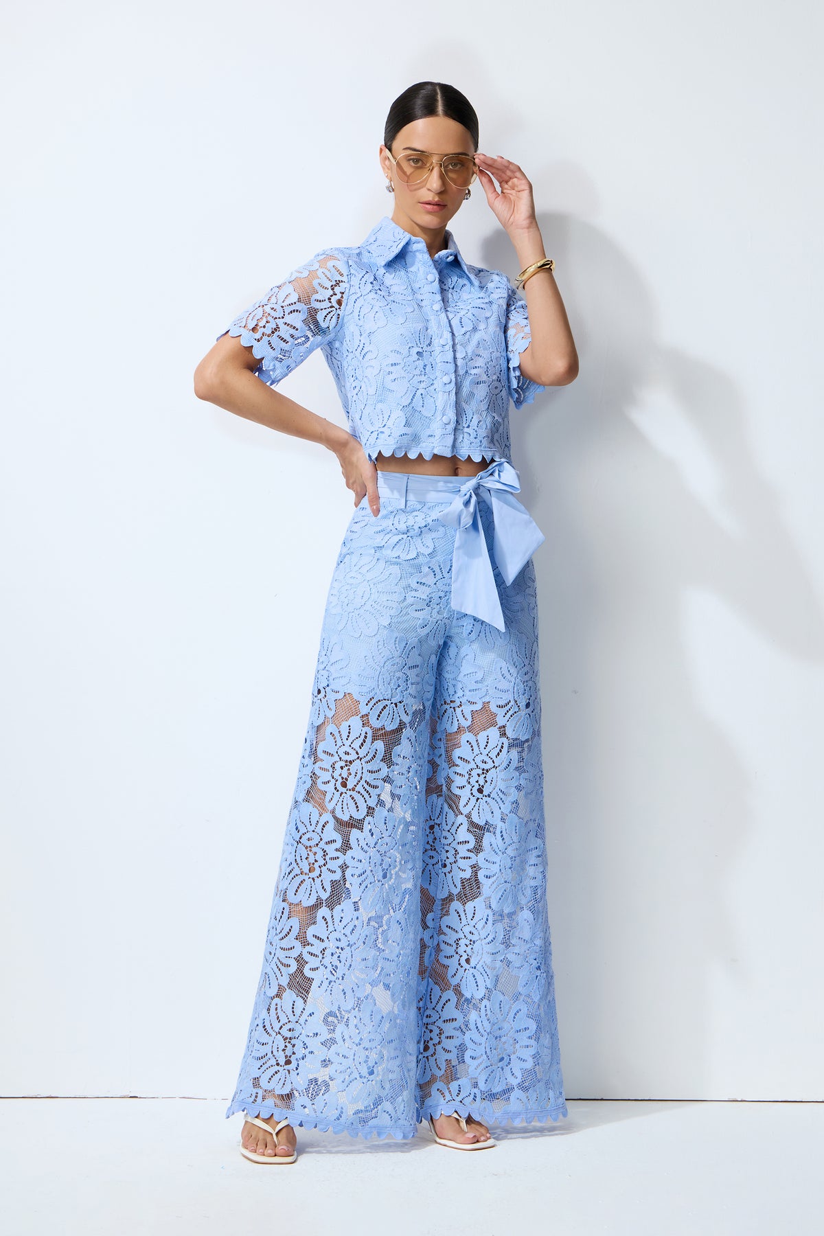 Vacation Mode Blue Floral Lace Cropped Top & Wide Leg Pants Set