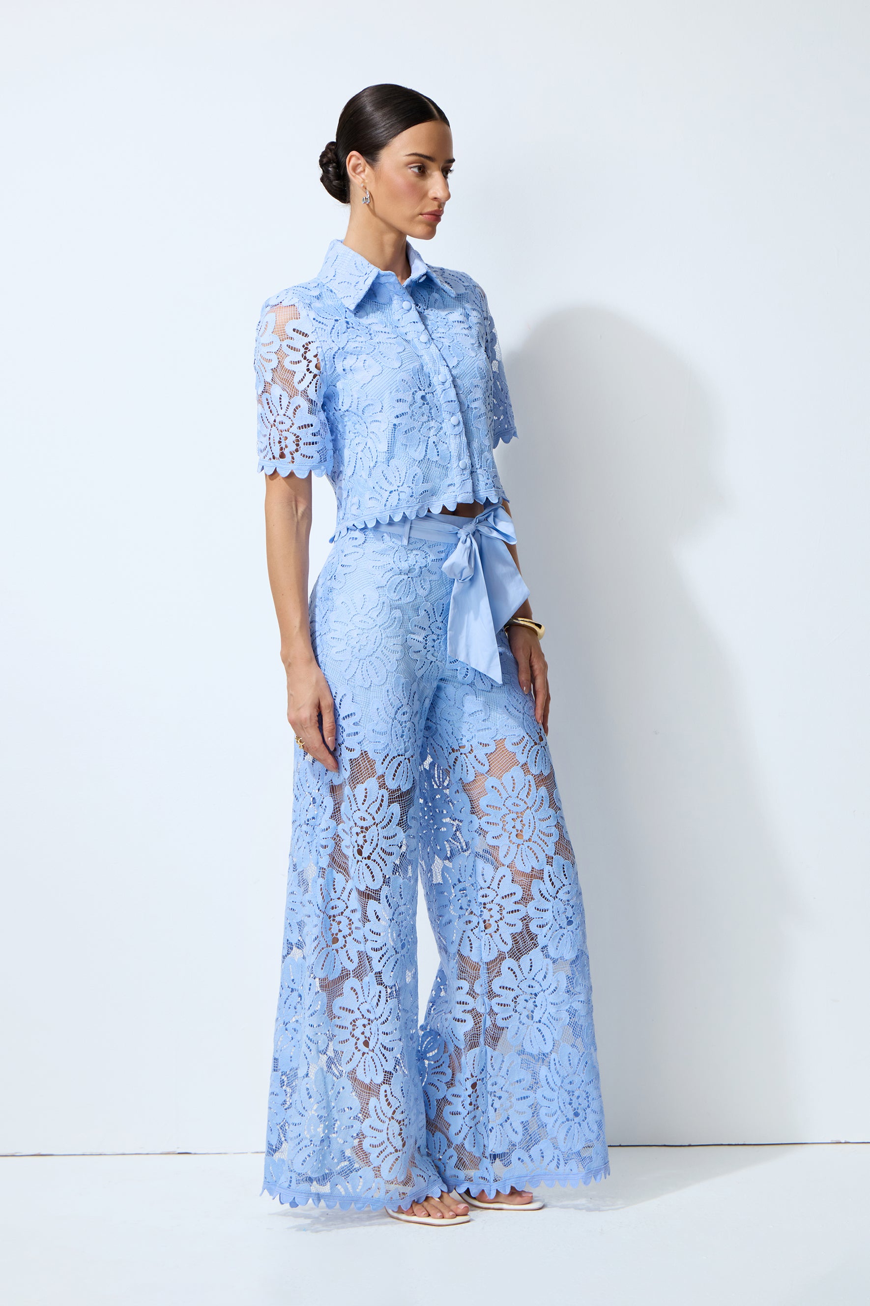 Vacation Mode Blue Floral Lace Cropped Top & Wide Leg Pants Set