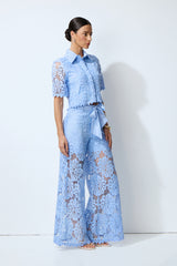 Vacation Mode Blue Floral Lace Cropped Top & Wide Leg Pants Set