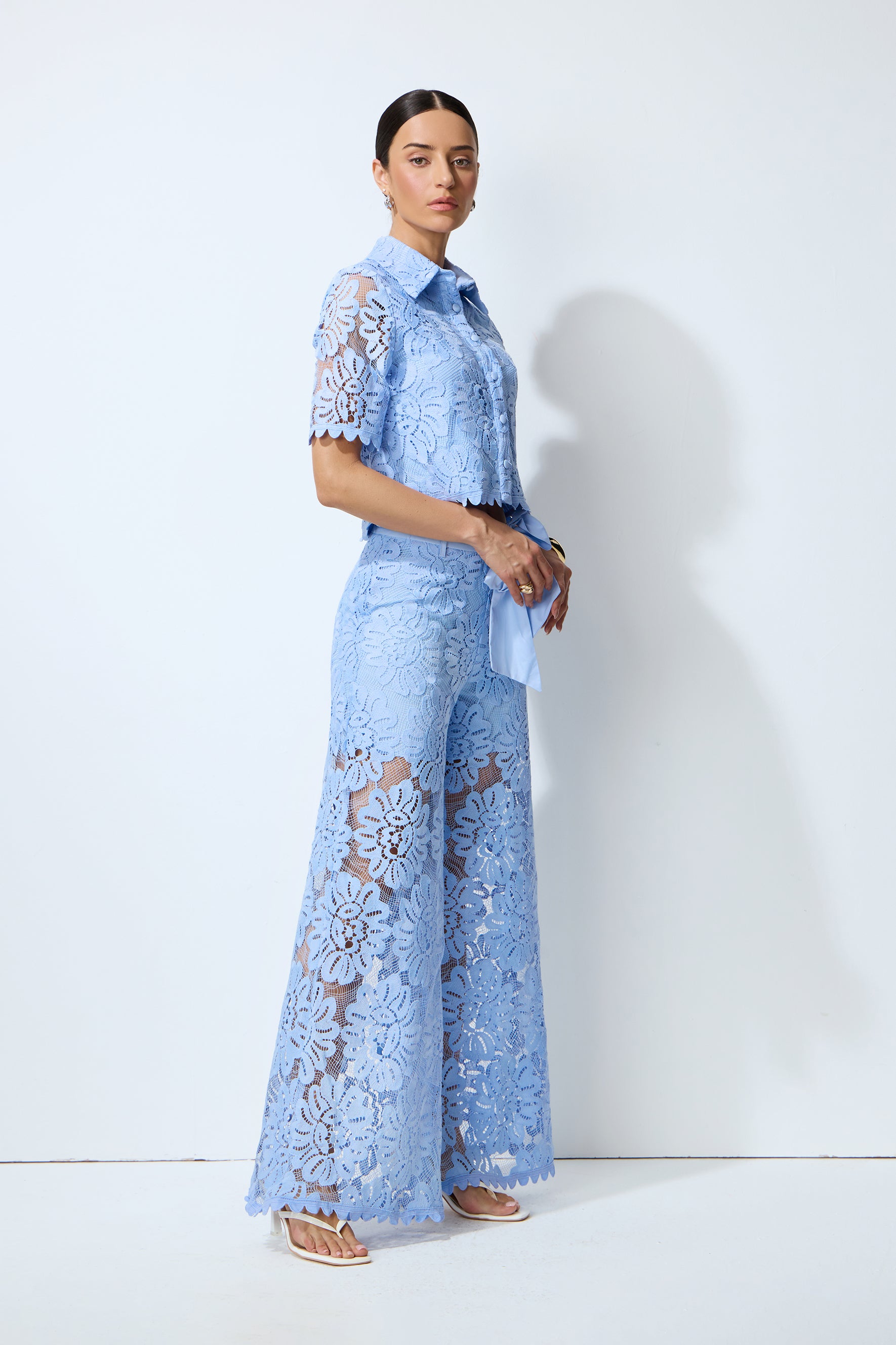 Vacation Mode Blue Floral Lace Cropped Top & Wide Leg Pants Set