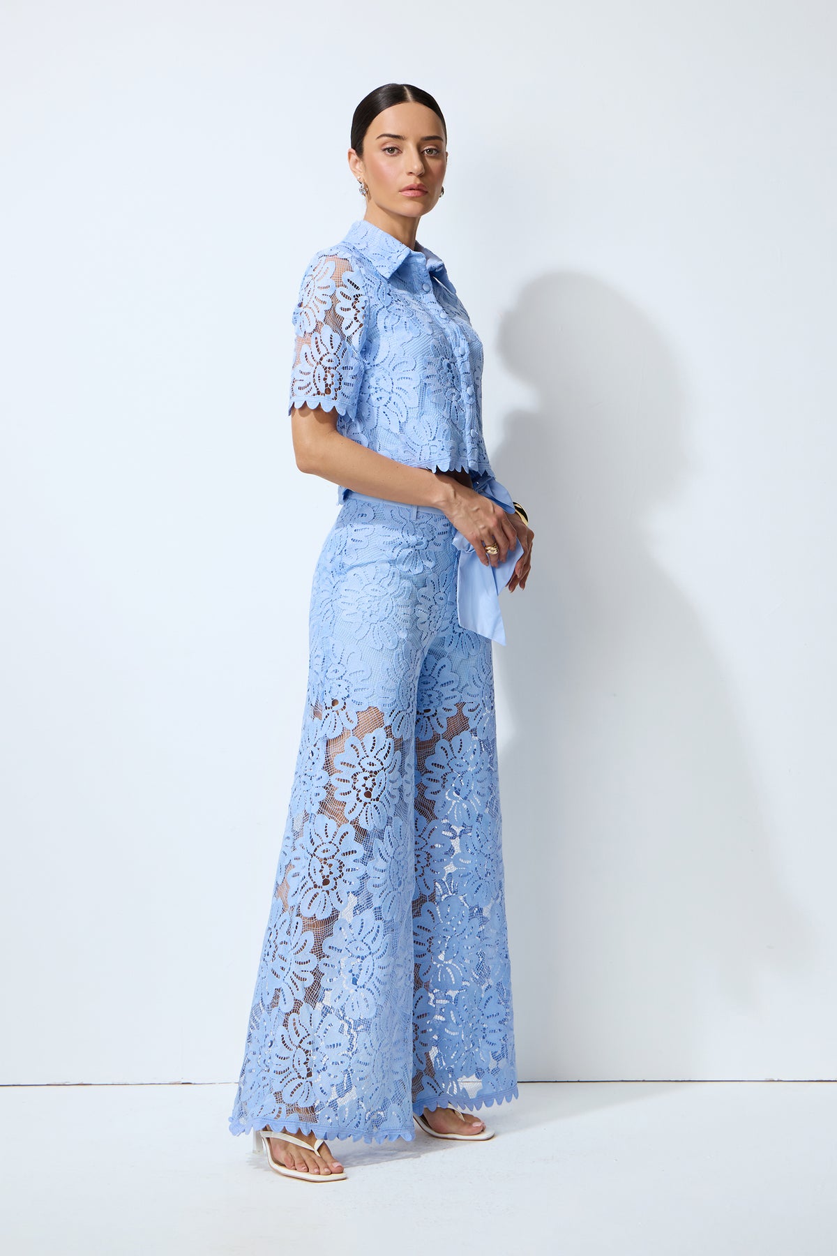 Vacation Mode Blue Floral Lace Cropped Top & Wide Leg Pants Set
