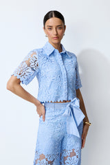 Vacation Mode Blue Floral Lace Cropped Top & Wide Leg Pants Set