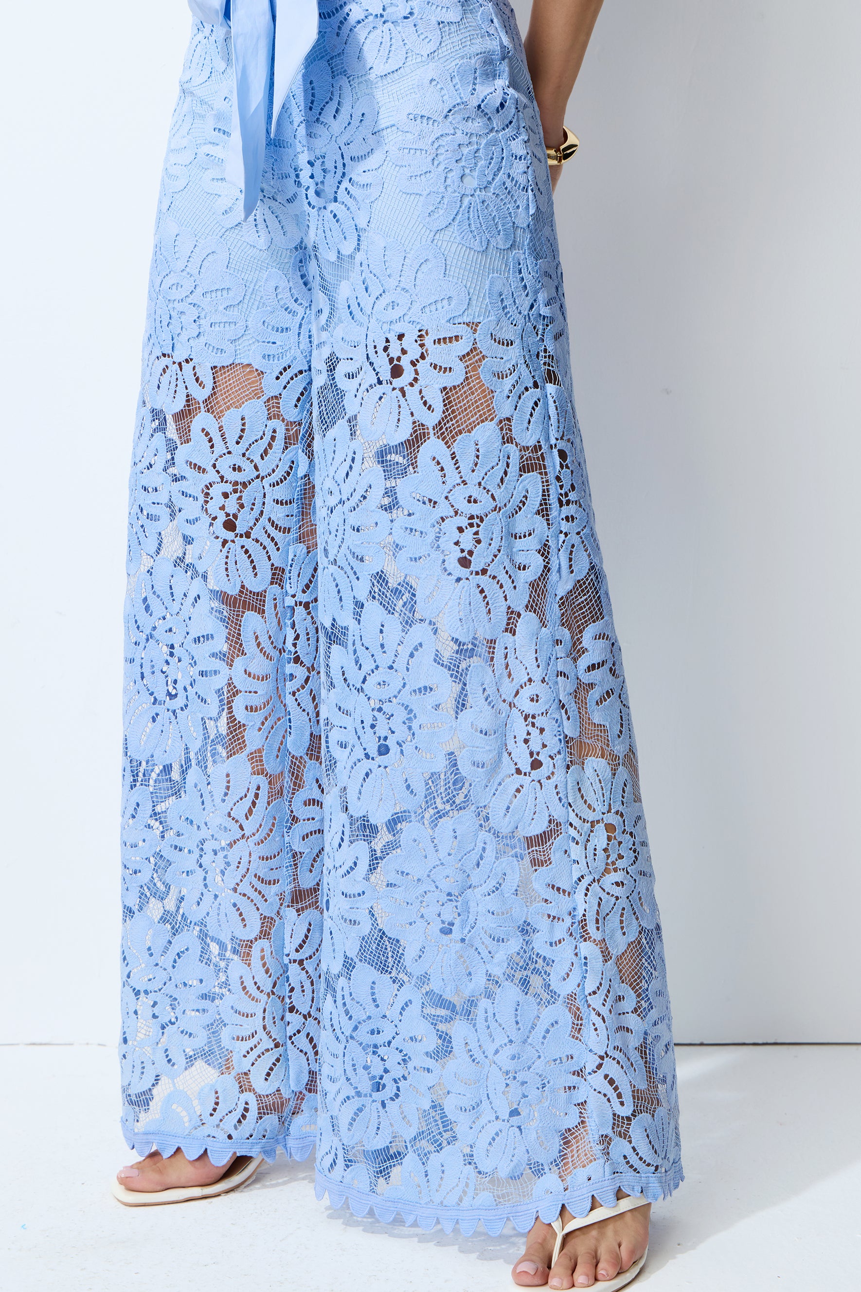 Vacation Mode Blue Floral Lace Cropped Top & Wide Leg Pants Set