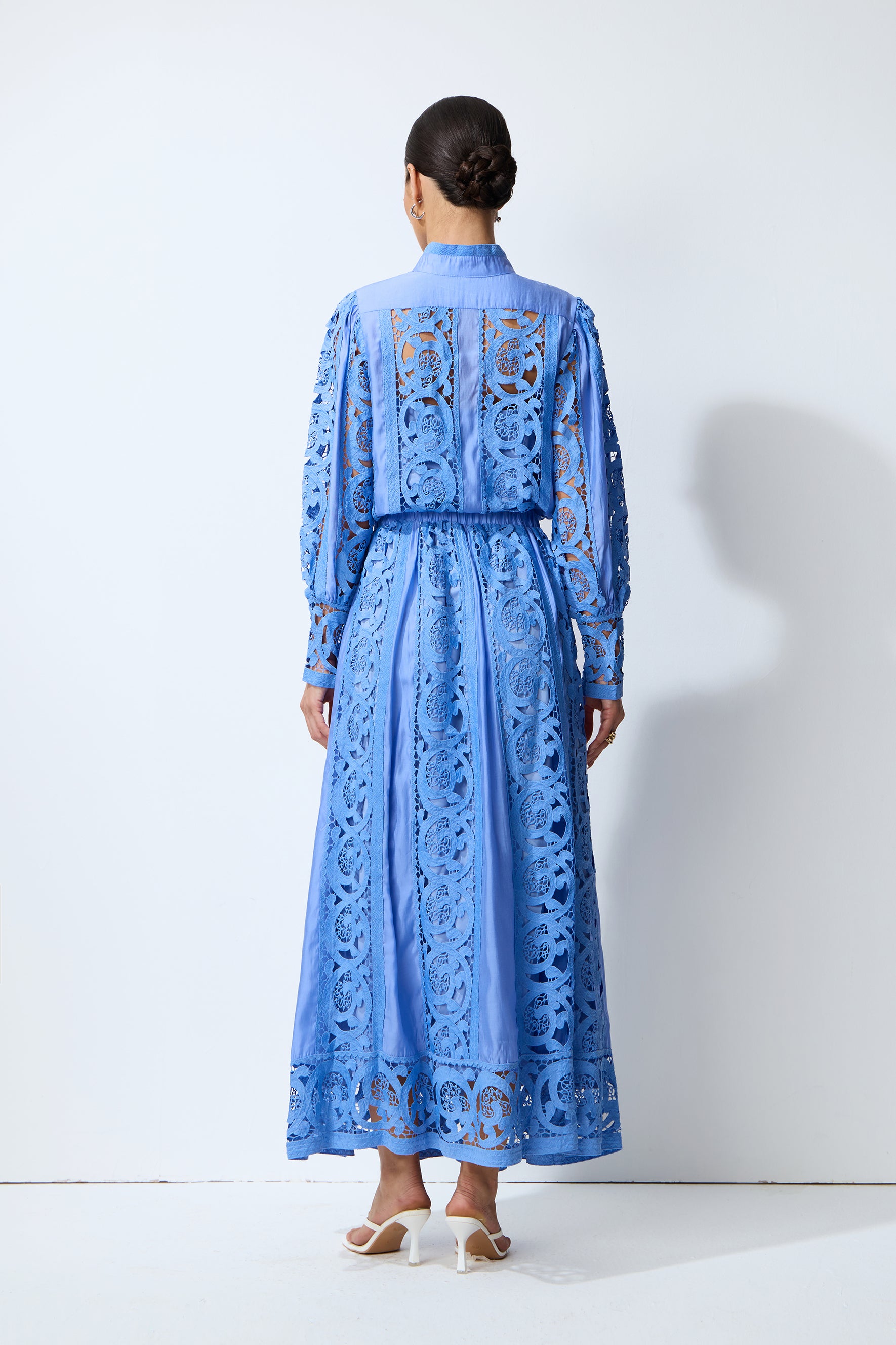 Perfectly Poised Blue Long Sleeve Lace Shirt & Skirt Set