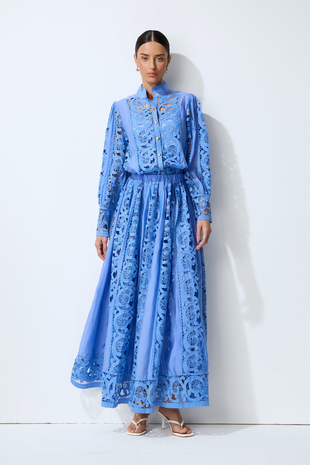 Perfectly Poised Blue Long Sleeve Lace Shirt & Skirt Set