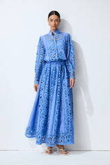 Perfectly Poised Blue Long Sleeve Lace Shirt & Skirt Set