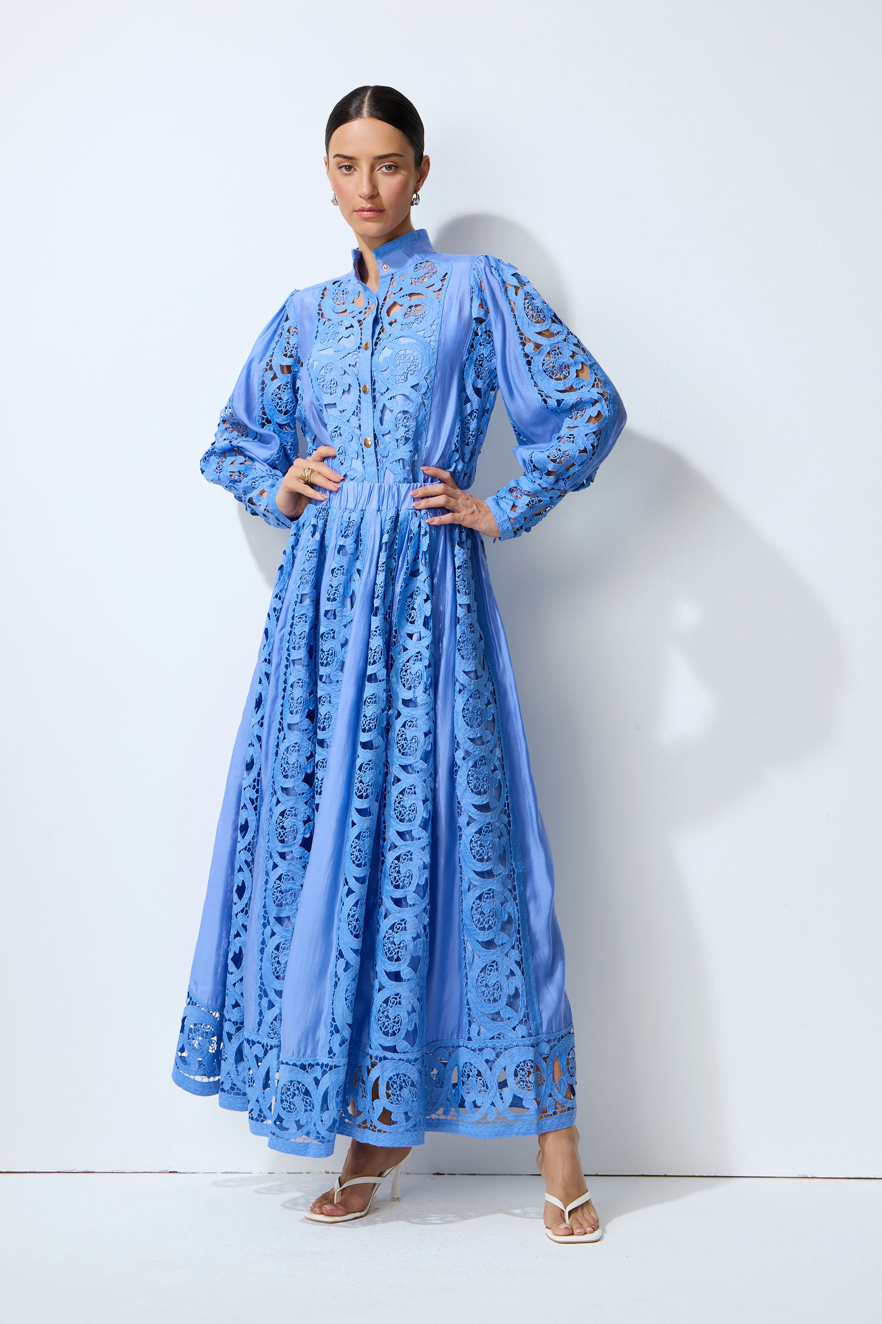 Perfectly Poised Blue Long Sleeve Lace Shirt & Skirt Set