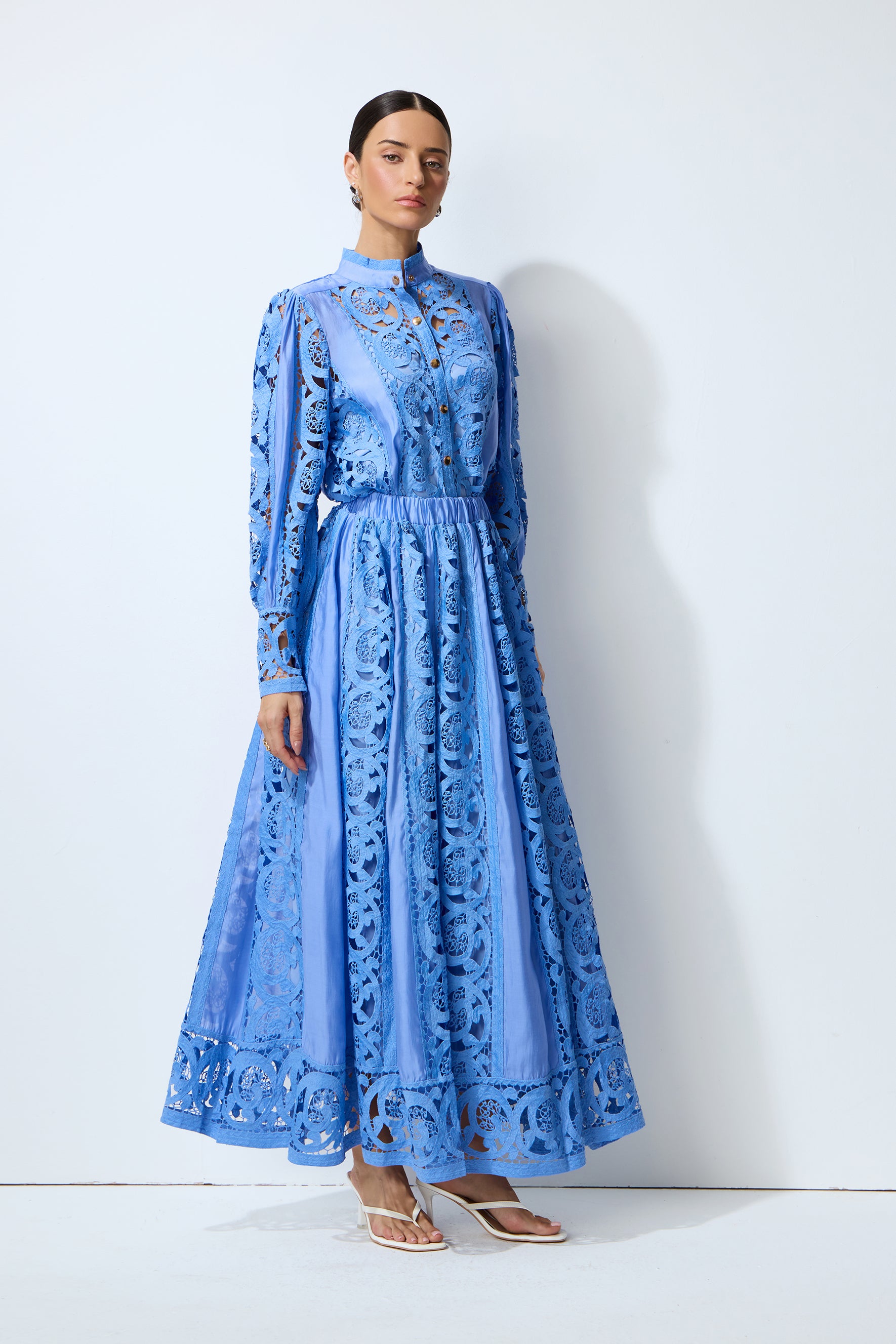 Perfectly Poised Blue Long Sleeve Lace Shirt & Skirt Set