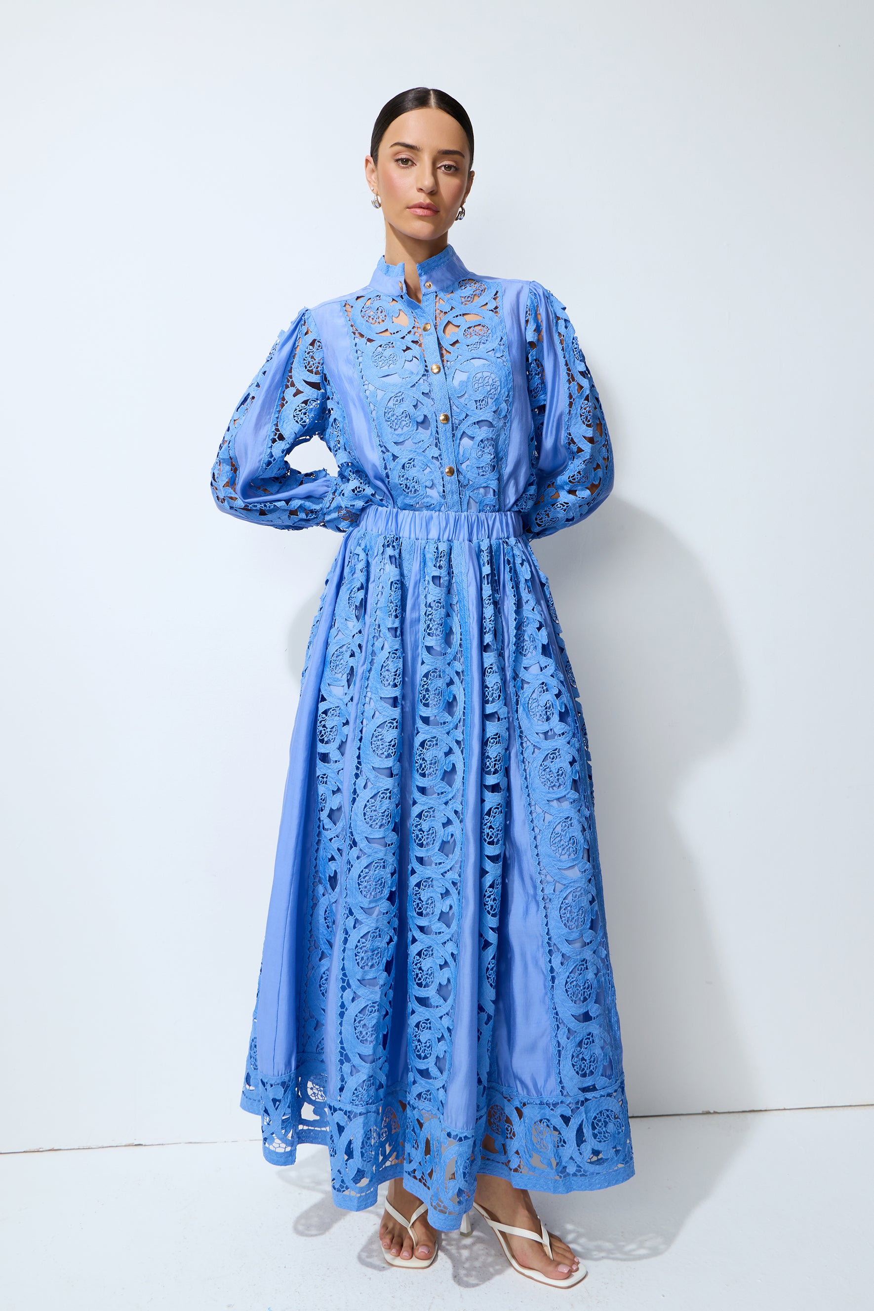 Perfectly Poised Blue Long Sleeve Lace Shirt & Skirt Set