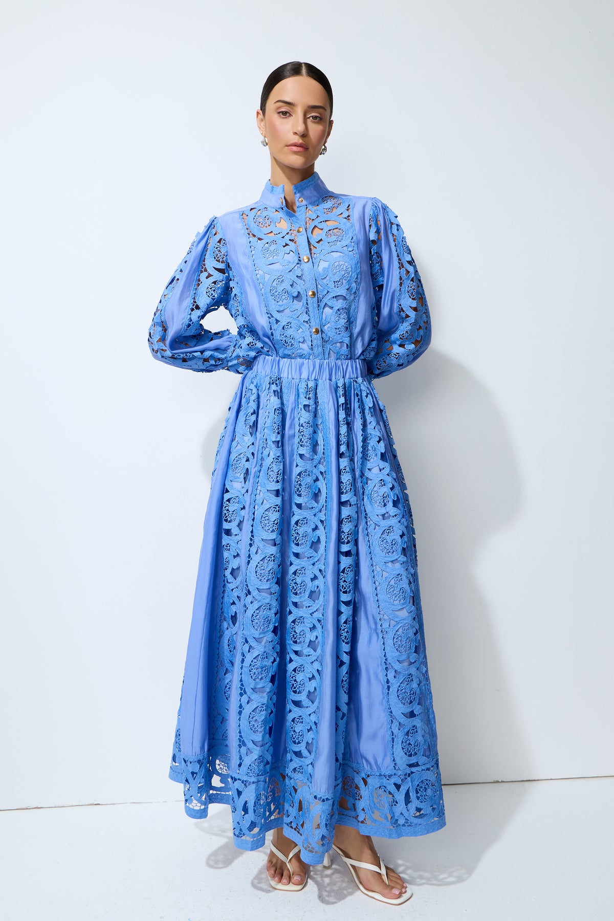 Perfectly Poised Blue Long Sleeve Lace Shirt & Skirt Set