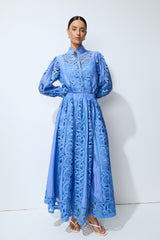 Perfectly Poised Blue Long Sleeve Lace Shirt & Skirt Set