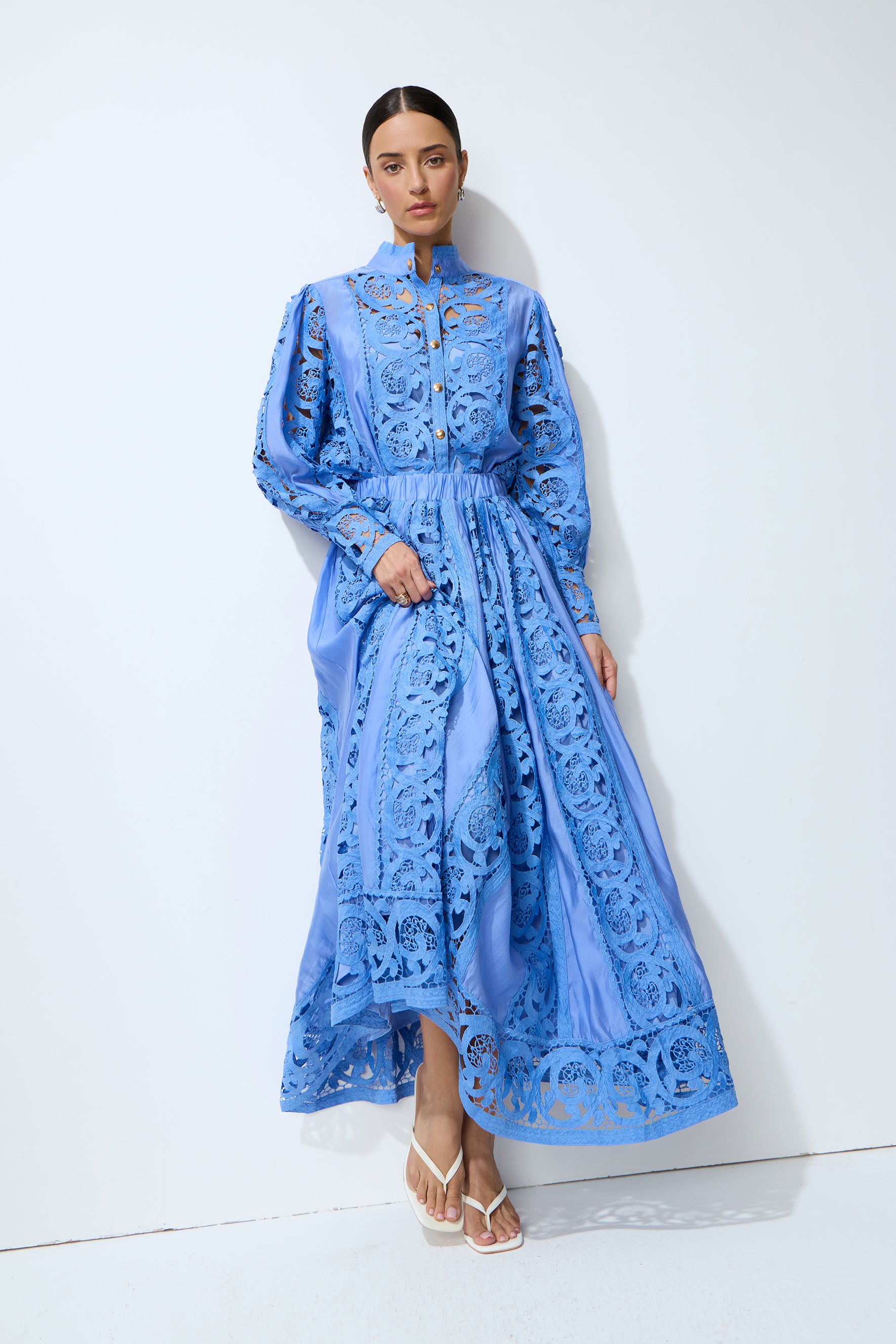 Perfectly Poised Blue Long Sleeve Lace Shirt & Skirt Set