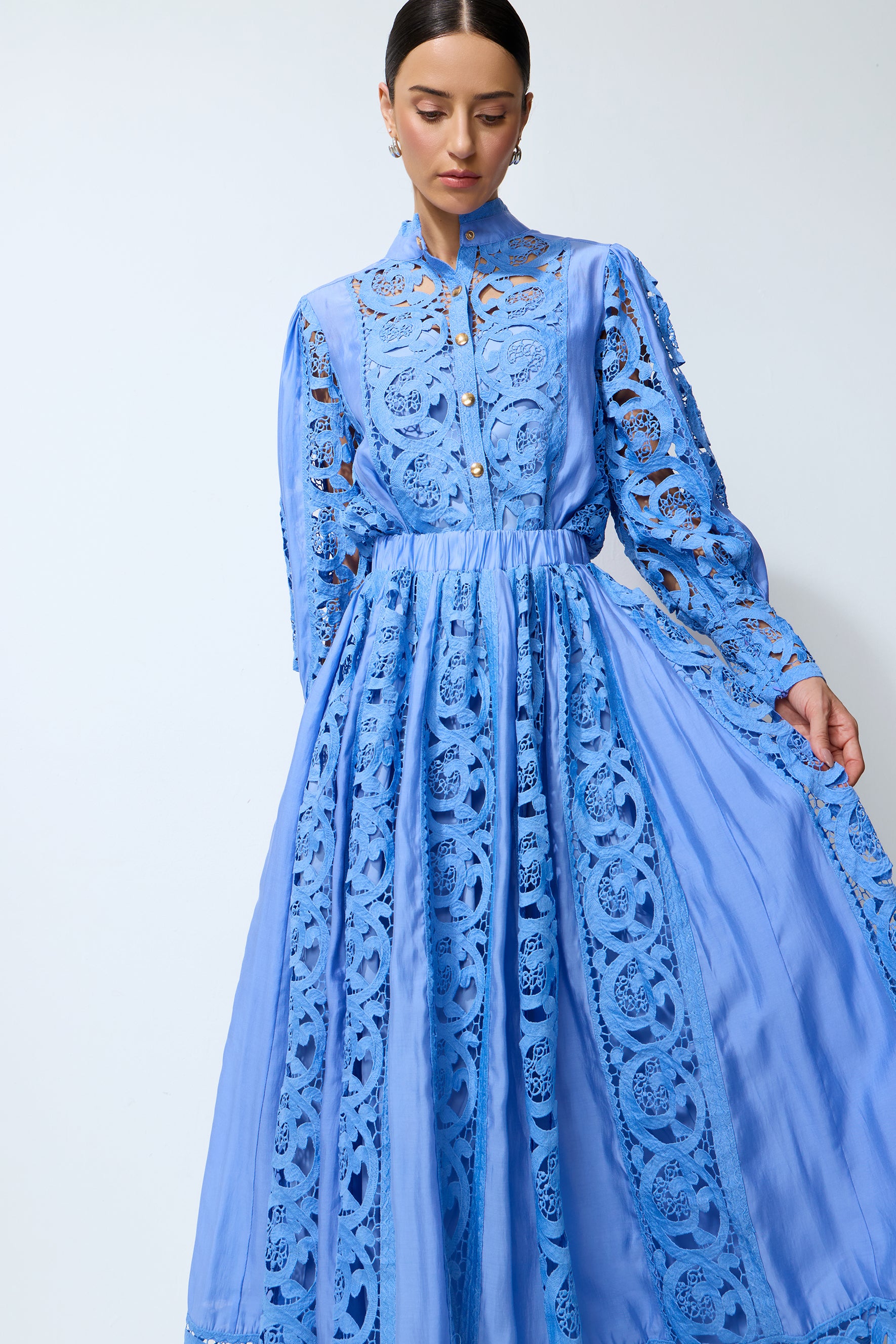 Perfectly Poised Blue Long Sleeve Lace Shirt & Skirt Set