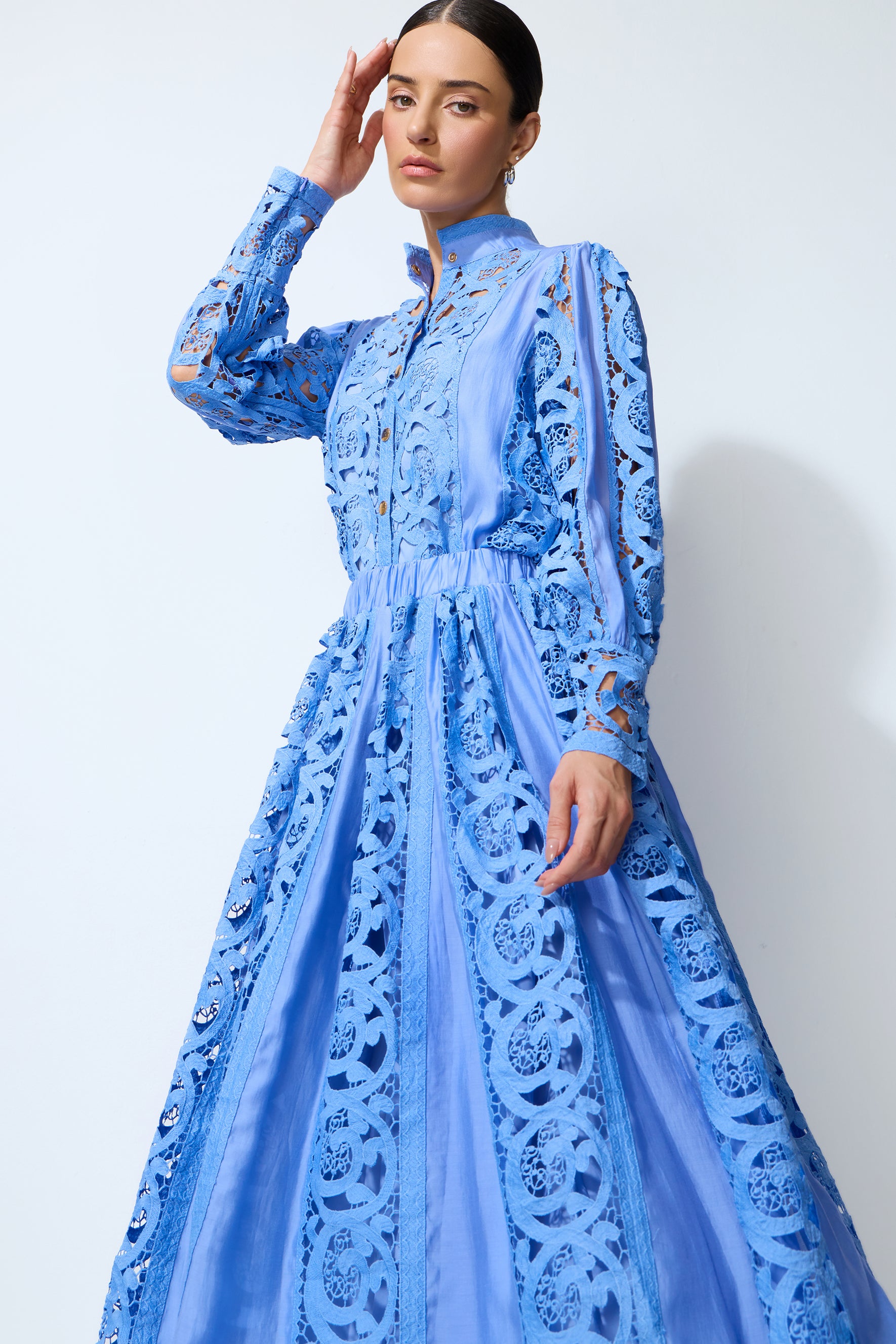 Perfectly Poised Blue Long Sleeve Lace Shirt & Skirt Set