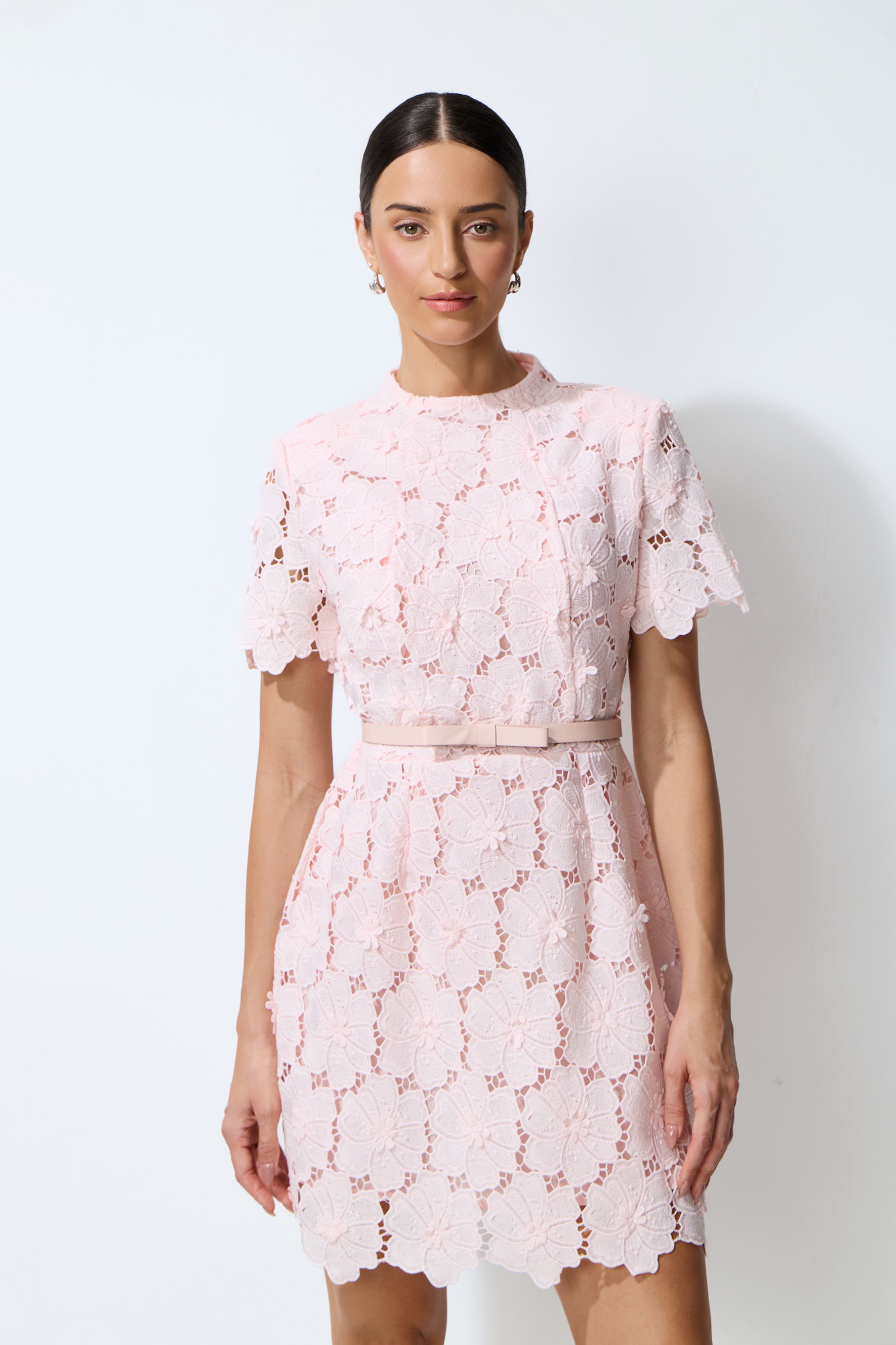 Sweet Darling Pink Floral Lace Short Sleeve Mini Dress