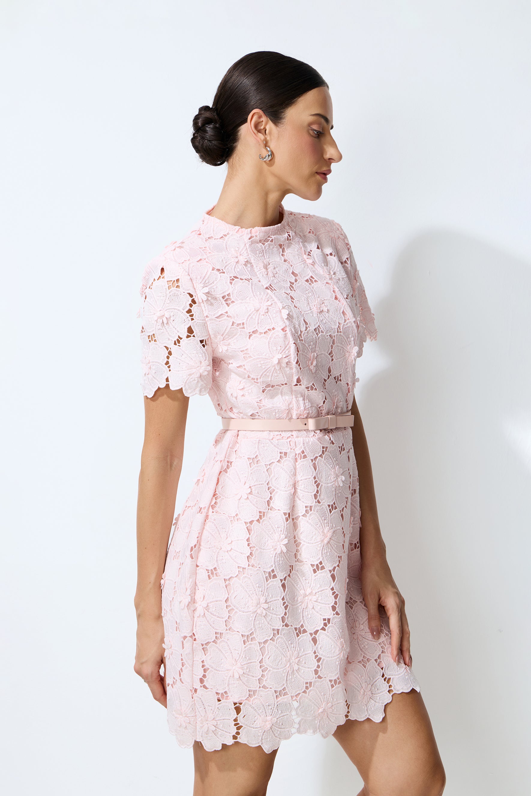 Sweet Darling Pink Floral Lace Short Sleeve Mini Dress