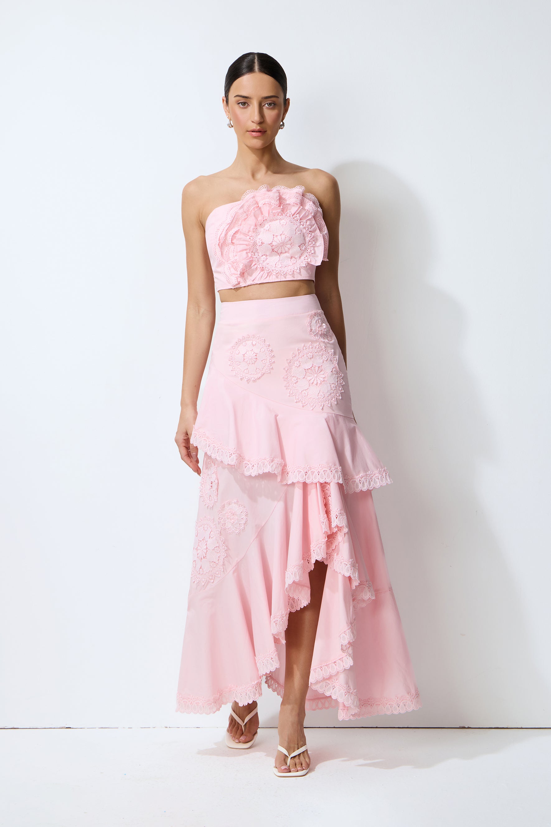 Always Lovely Pink Ruffled Lace Crop Top & Tiered Skirt Set