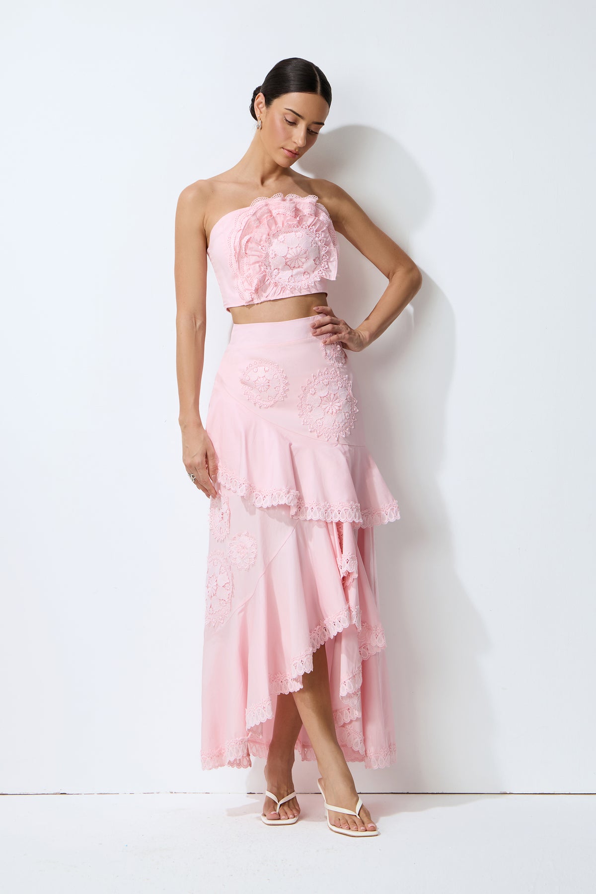 Always Lovely Pink Ruffled Lace Crop Top & Tiered Skirt Set
