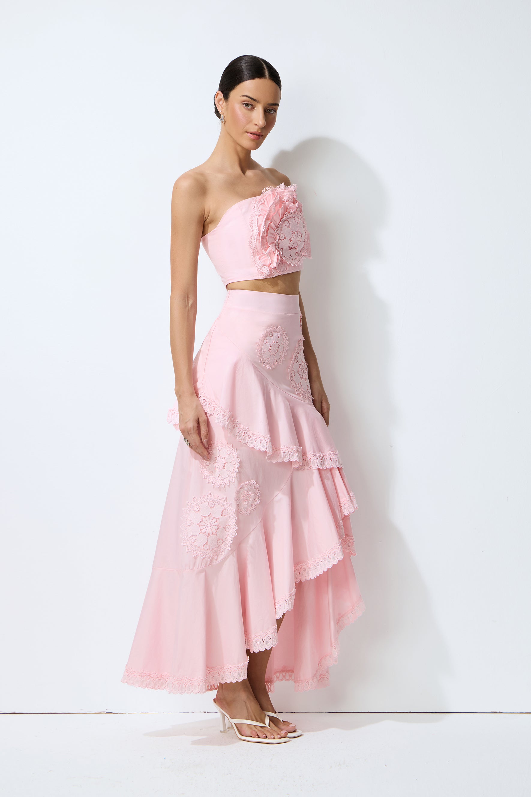 Always Lovely Pink Ruffled Lace Crop Top & Tiered Skirt Set