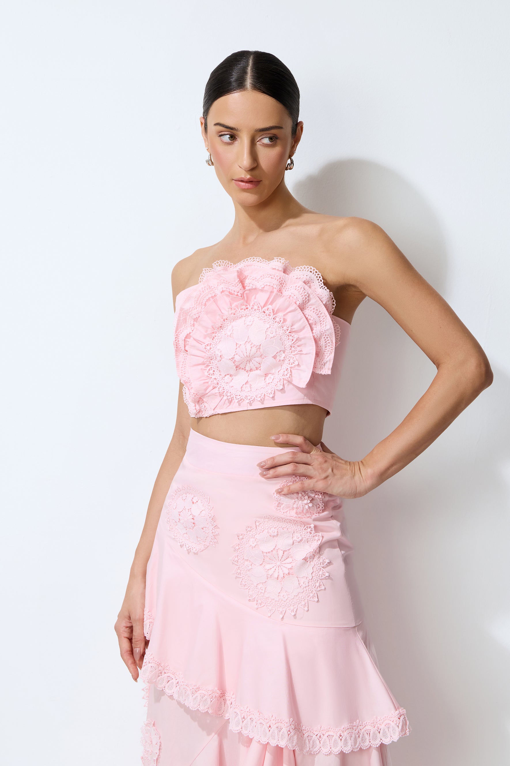 Always Lovely Pink Ruffled Lace Crop Top & Tiered Skirt Set
