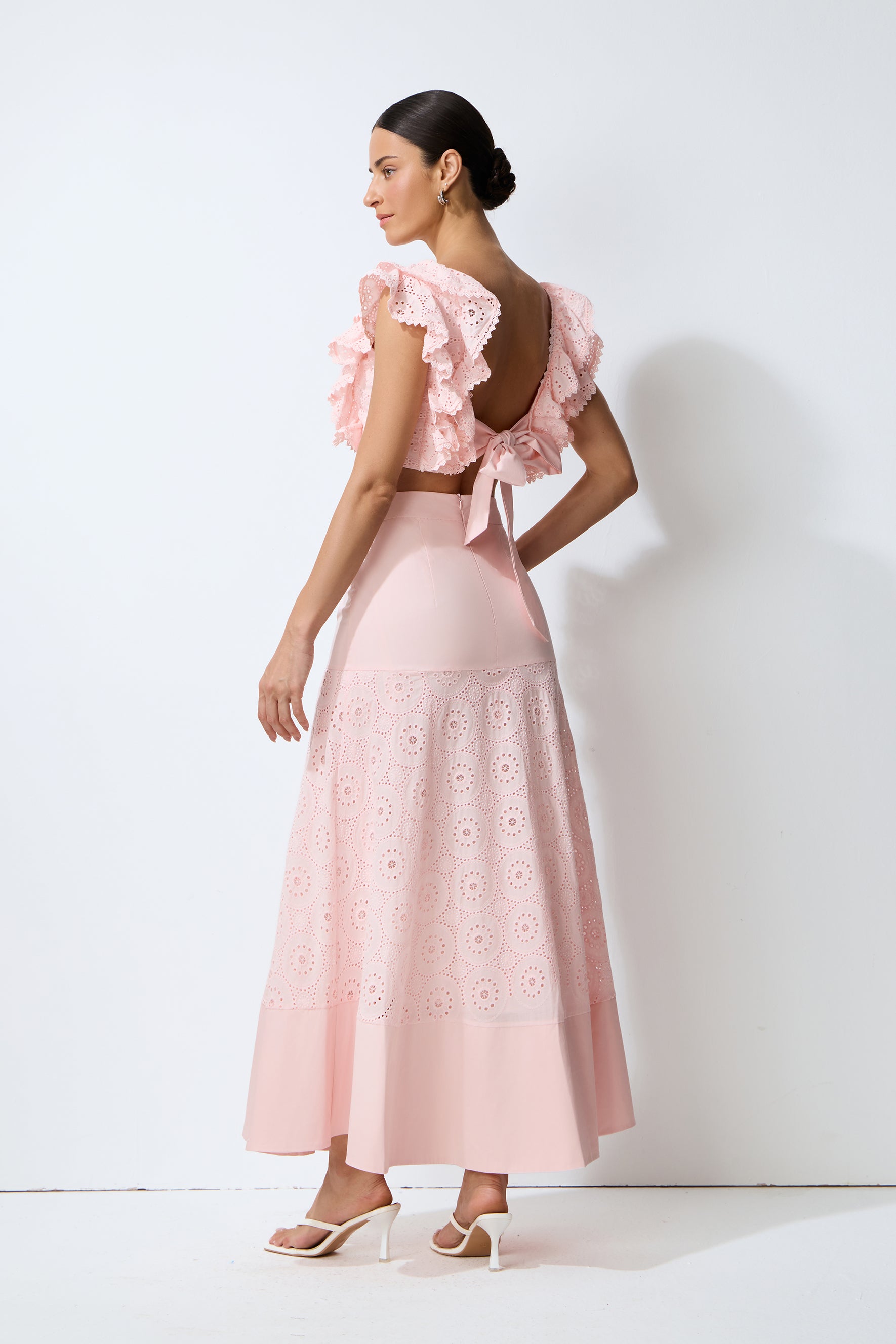 Made for Sunshine Pink Eyelet Embroidery Ruffled Crop Top & Skirt Set