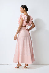 Made for Sunshine Pink Eyelet Embroidery Ruffled Crop Top & Skirt Set