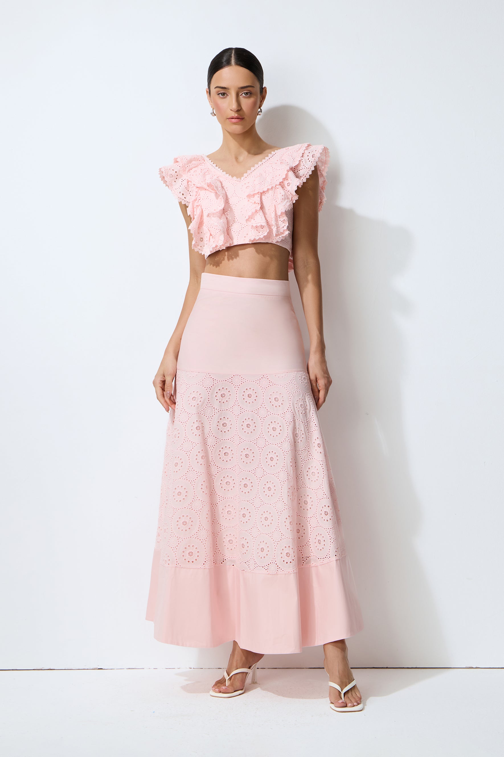 Made for Sunshine Pink Eyelet Embroidery Ruffled Crop Top & Skirt Set