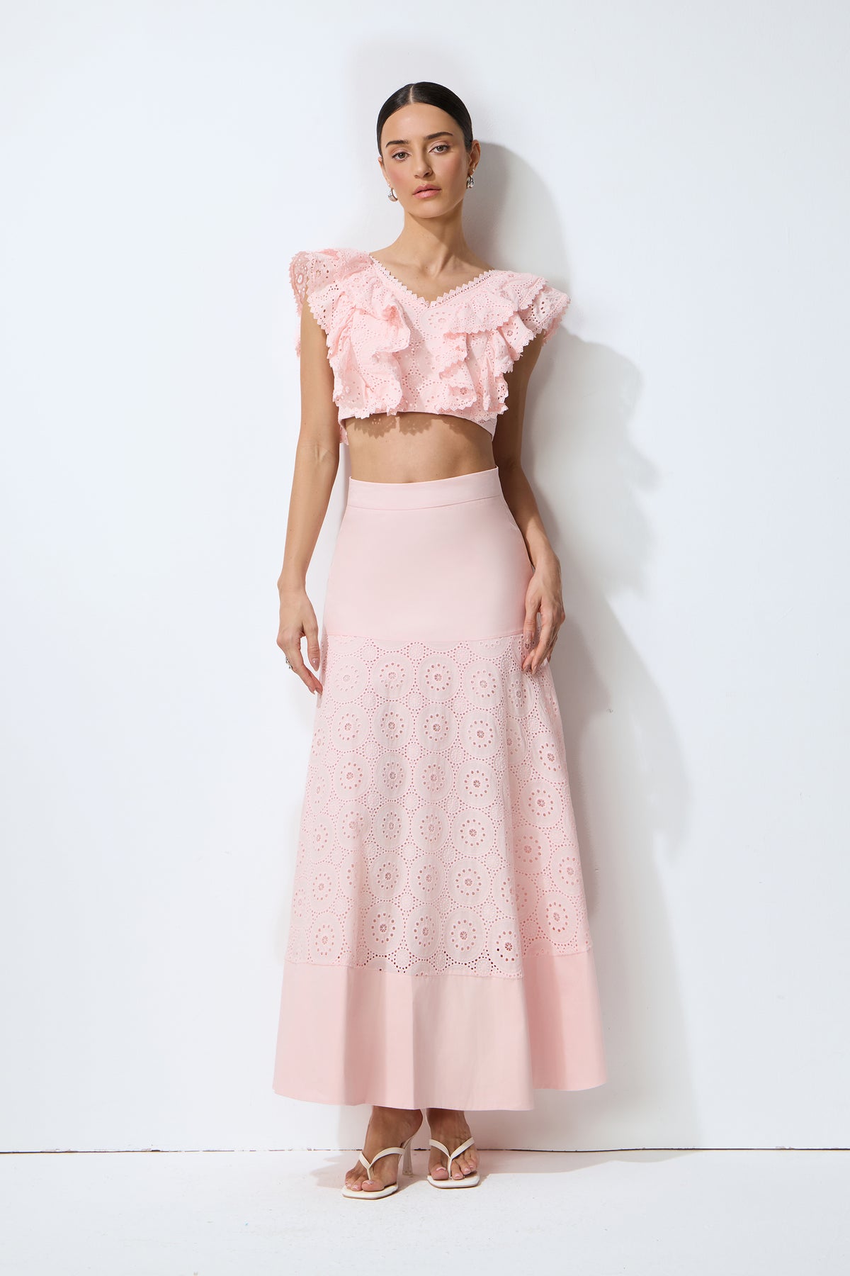 Made for Sunshine Pink Eyelet Embroidery Ruffled Crop Top & Skirt Set