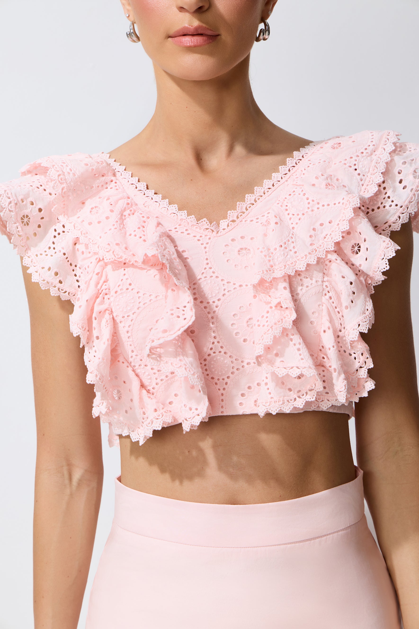 Made for Sunshine Pink Eyelet Embroidery Ruffled Crop Top & Skirt Set