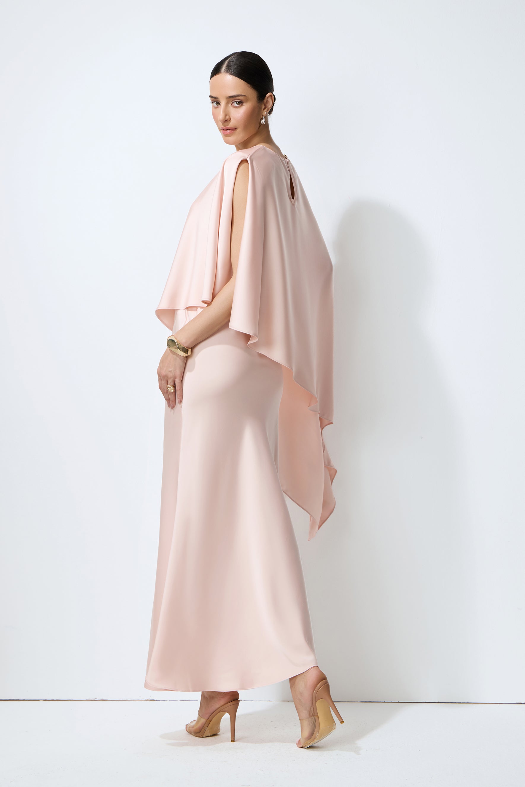 Effortless Elegance Pink Draped Cape Top & Maxi Skirt Set