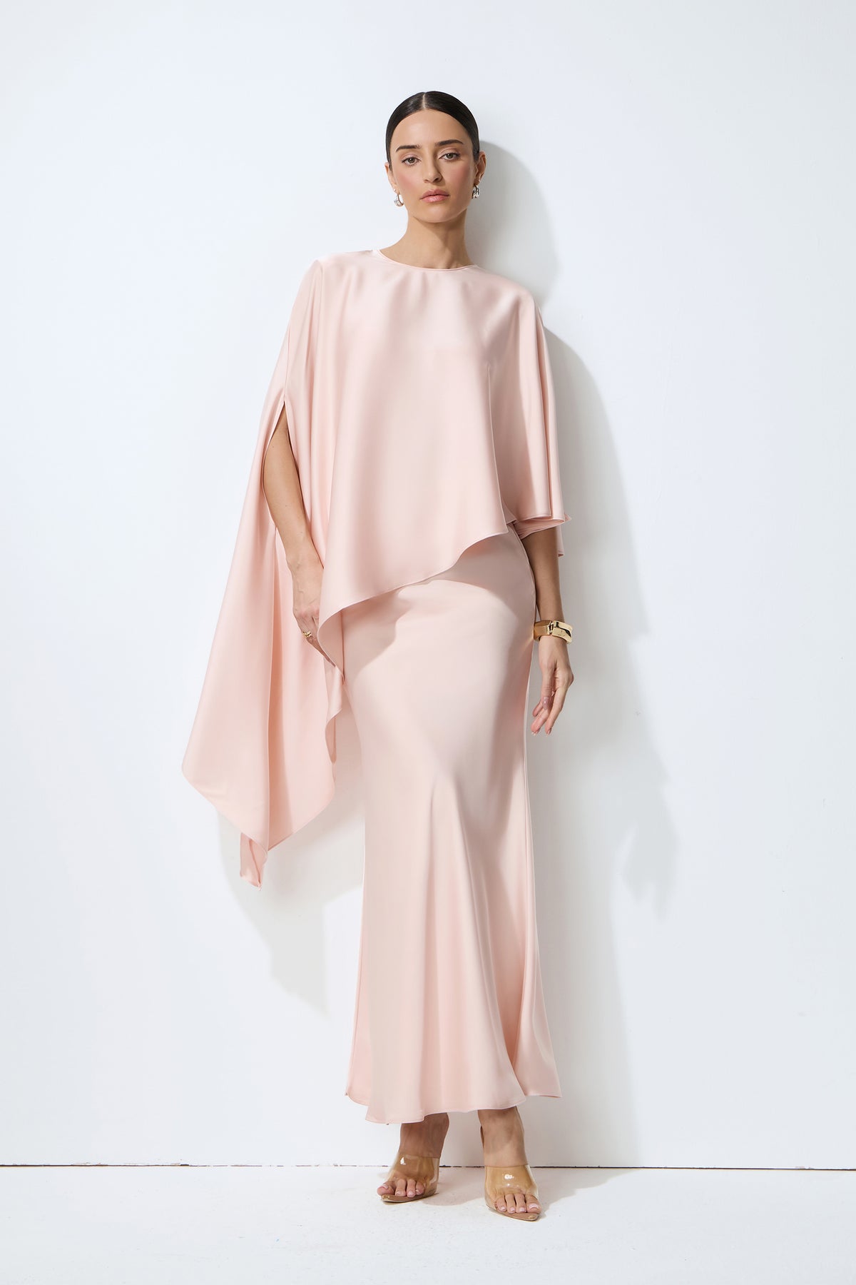 Effortless Elegance Pink Draped Cape Top & Maxi Skirt Set