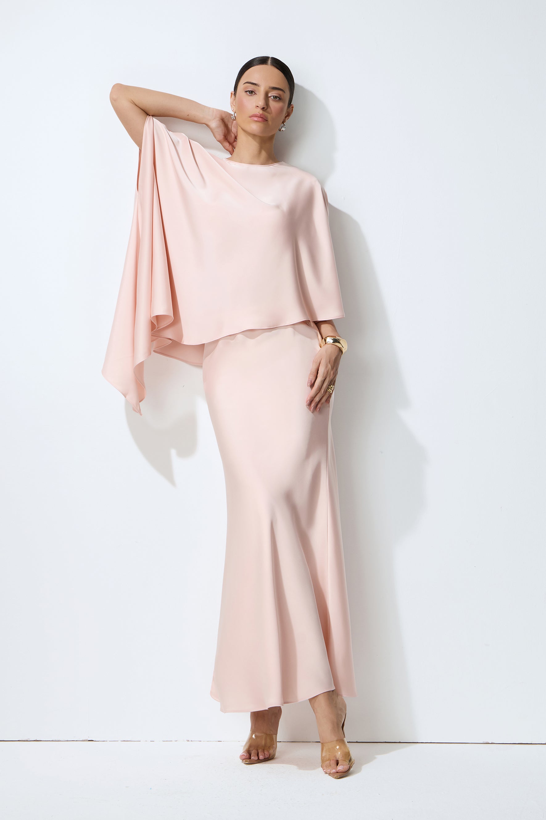 Effortless Elegance Pink Draped Cape Top & Maxi Skirt Set