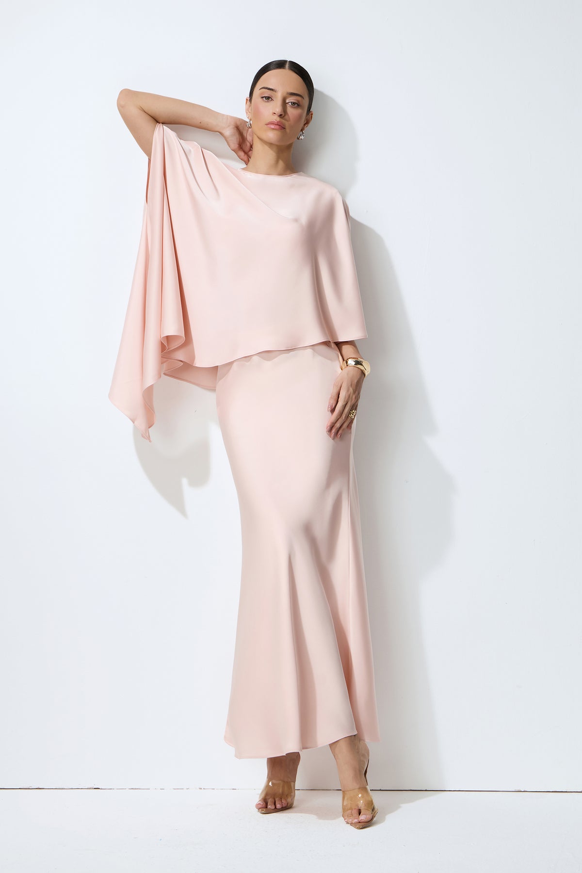Effortless Elegance Pink Draped Cape Top & Maxi Skirt Set